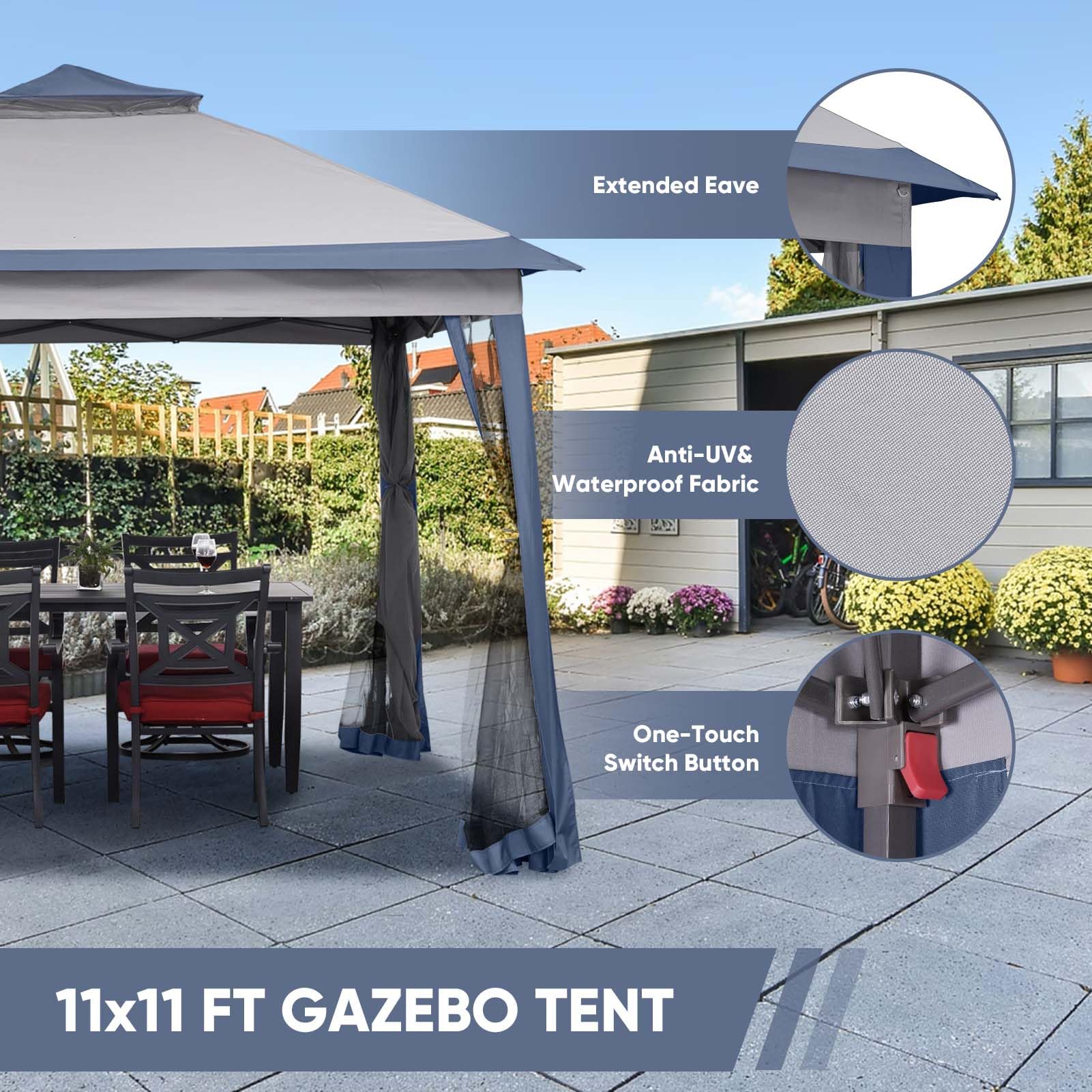 11x11 FT Heavy Duty Gazebo Tent with Mosquito Netting - Adjustable Height Folding Canopy for Outdoor Parties, Patio, Backyard & Garden - Perfect for BBQs, Camping & Summer Gatherings