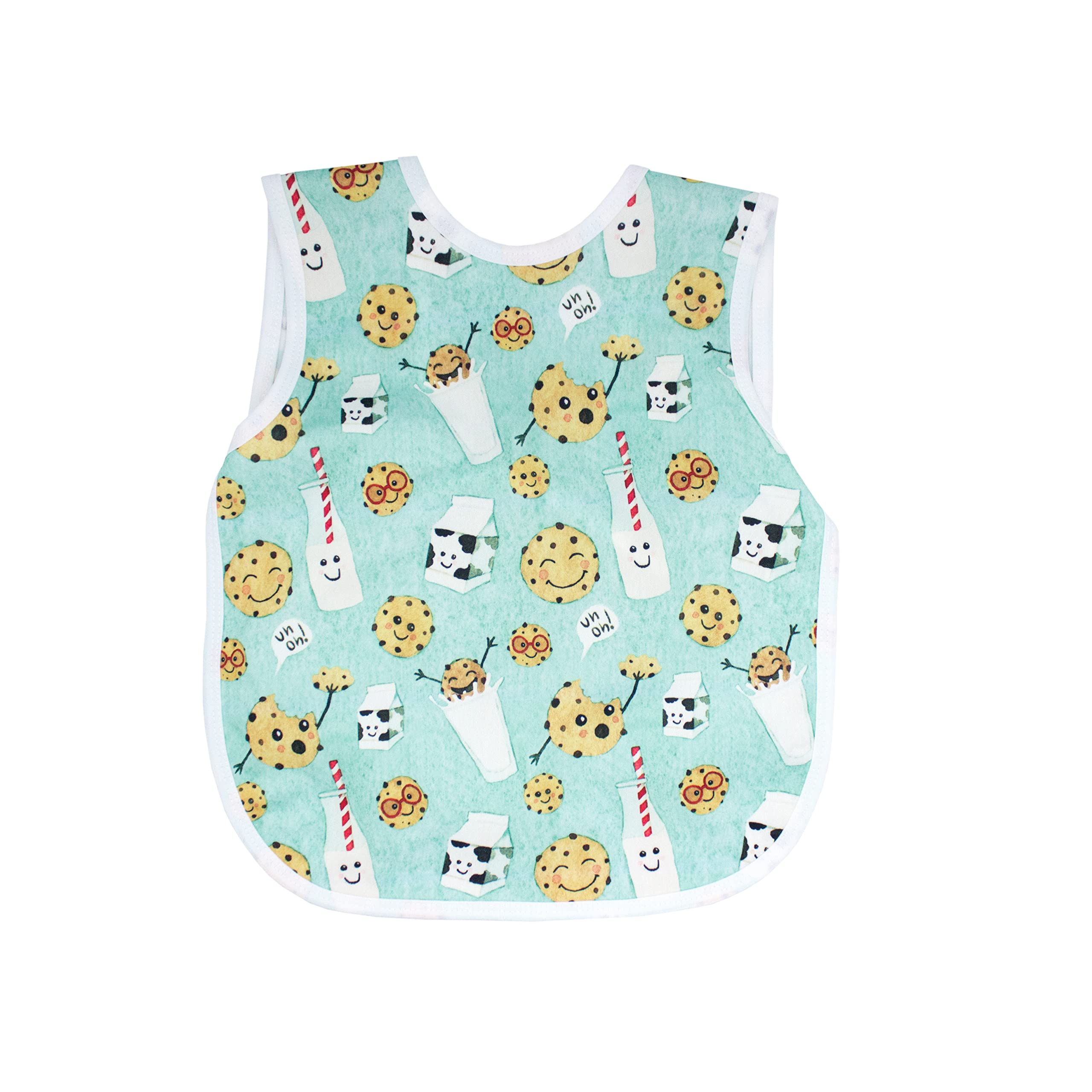 BapronBaby Cookies & Milk Bapron - No Neck Tie Safer Bib for Babies & Toddlers 3-5 Years - Soft Waterproof & Stain Resistant Feeding Apron - Machine Washable Preschool Bib - Perfect for Mealtime, Snacks & Messy Play