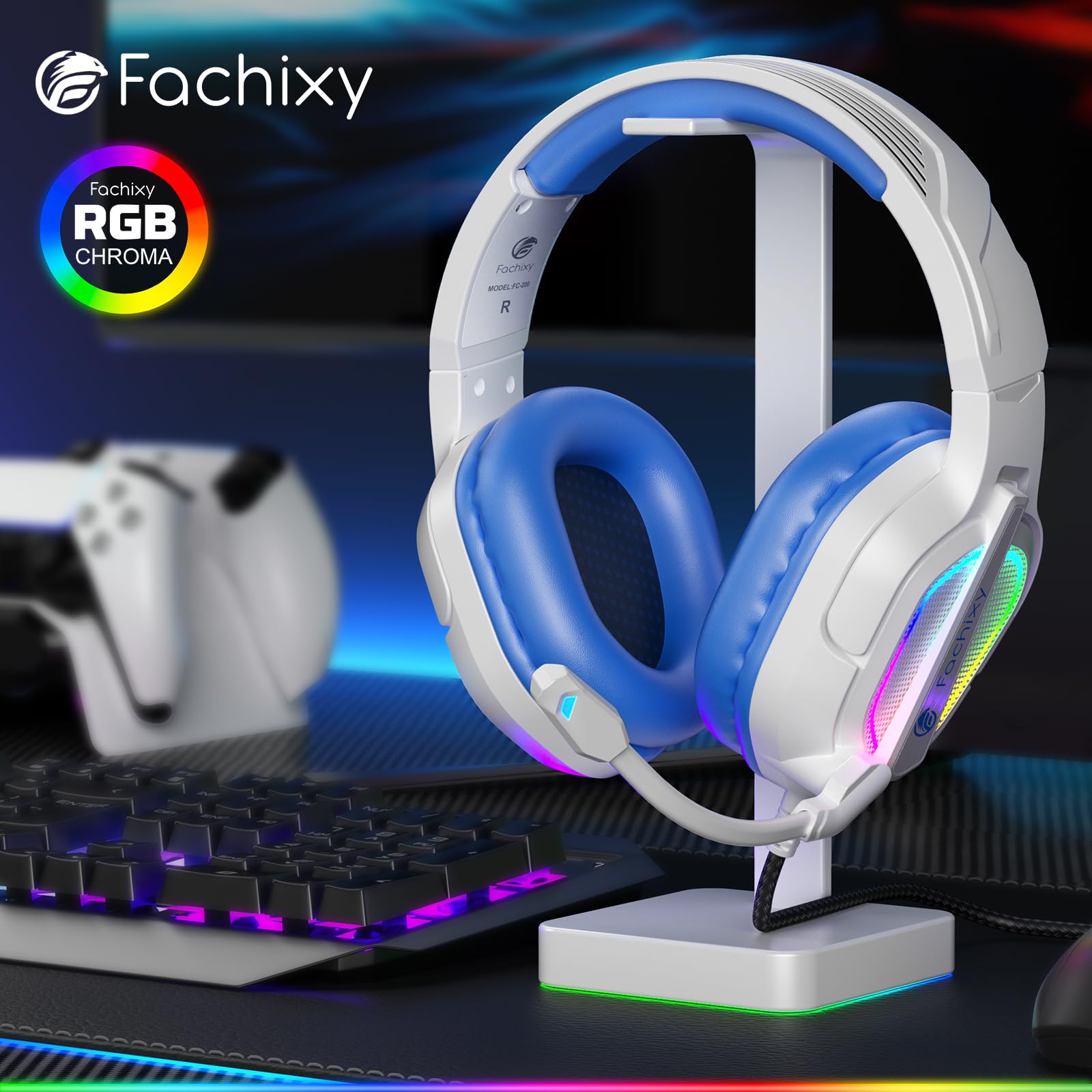 FC200 Gaming Headset with Microphone - Noise Cancelling Over-Ear Headphones for PC, PS4, PS5, Xbox One, Switch & Mac - 3.5mm Jack & RGB Lights - Perfect for Gaming, Streaming & Online Meetings