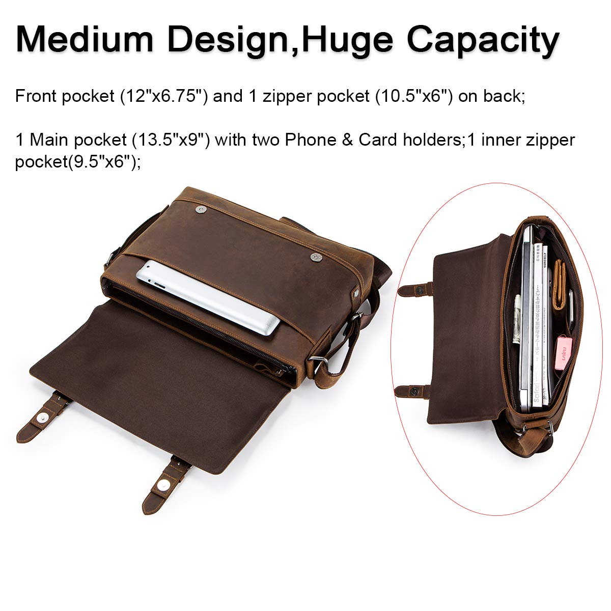Crazy Horse Leather Messenger Bag for Men - 12 Inch Laptop Briefcase Business Shoulder Bag - Durable Work & Travel Computer Bag (Brown) - Perfect for Office Commute, Business Trips & Daily Use