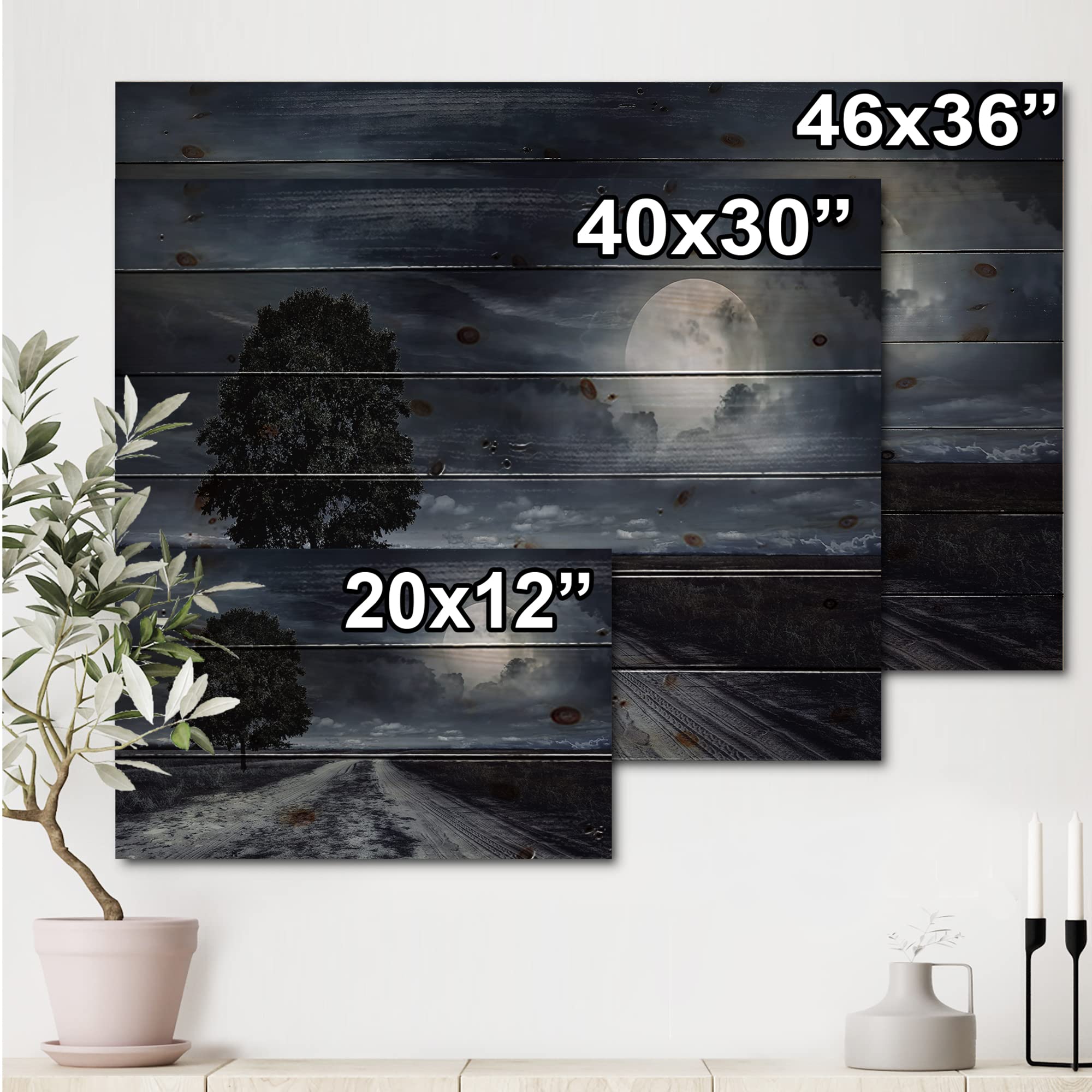 Paved Road Under Full Moon - Nautical Coastal Wood Wall Decor - Black Wood Wall Art - Large Landscape Wood Panel Printed on Natural Pine - Home Office Beach House Decor