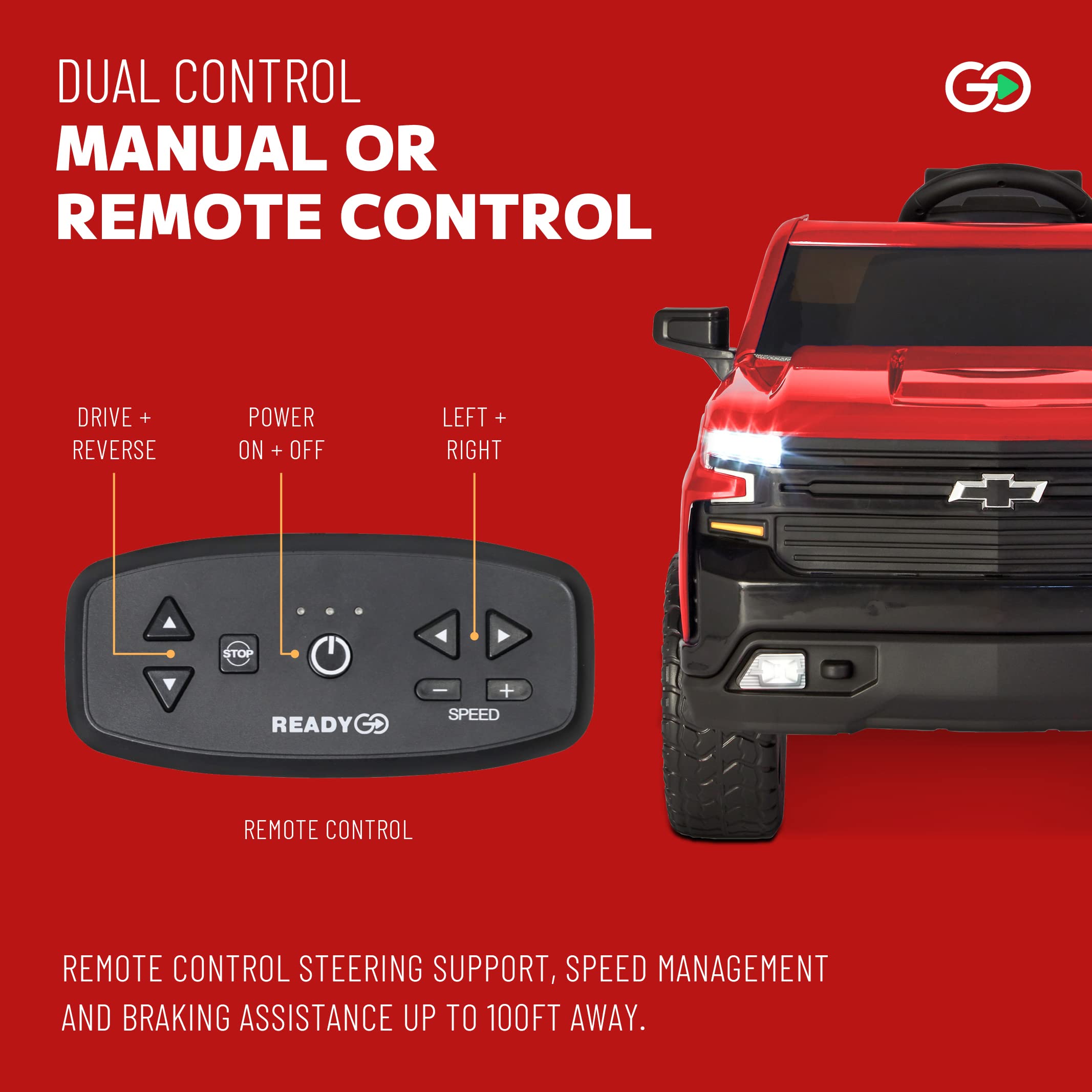 12V Chevy Silverado Licensed Kids Ride On Truck - High Speed 5MPH, Parent Remote Control, LED Lights & Real Truck Sounds - Battery Powered Electric Vehicle for Boys & Girls - Outdoor Play, Birthday Gifts, Backyard Fun (Red) by ReadyGO