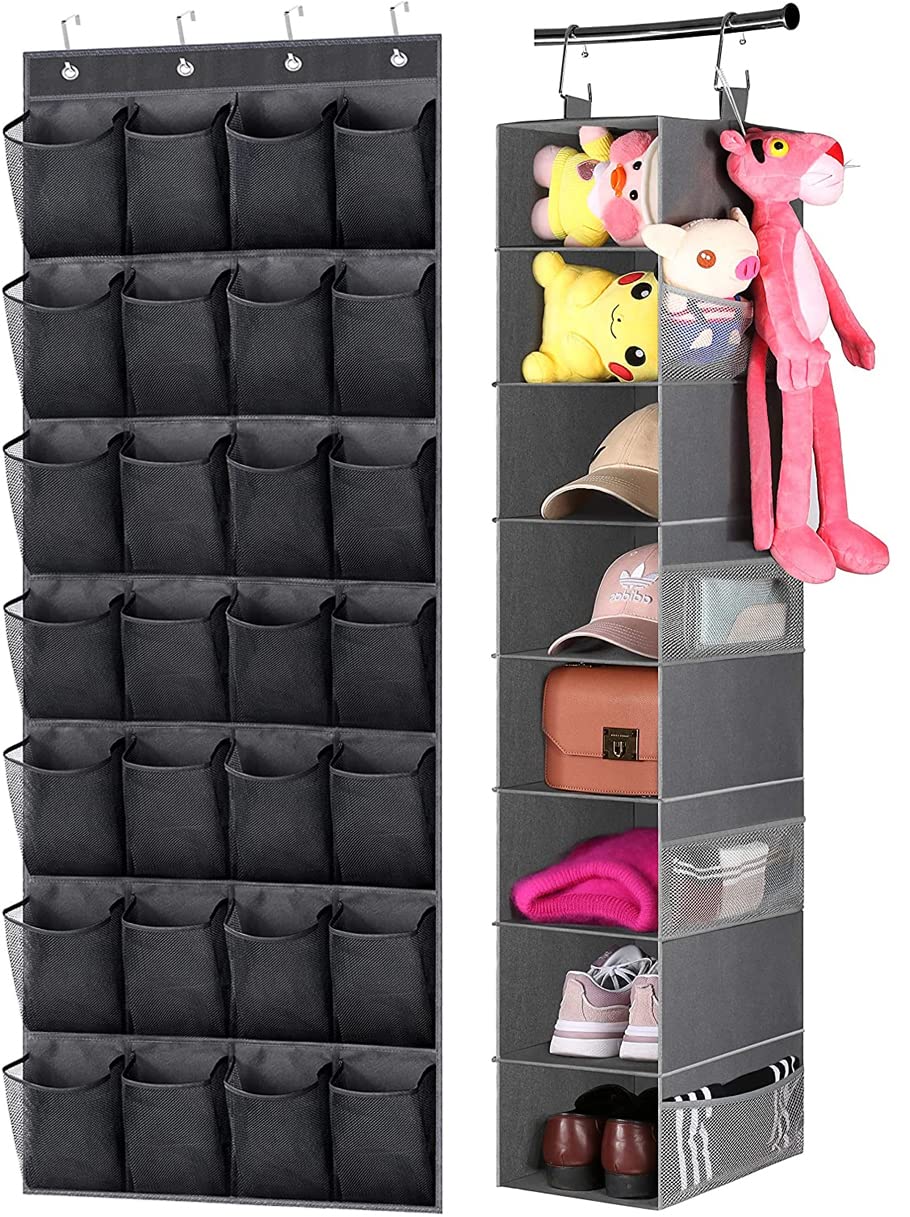 MISSLO 28-Pocket Hanging Shoe Organizer & 8-Shelf Closet Storage - Space Saving Shoe Rack for Closet, Hat Holder, Clothes Organizer - Perfect for Bedroom, Dorm, Entryway, and Small Space Organization