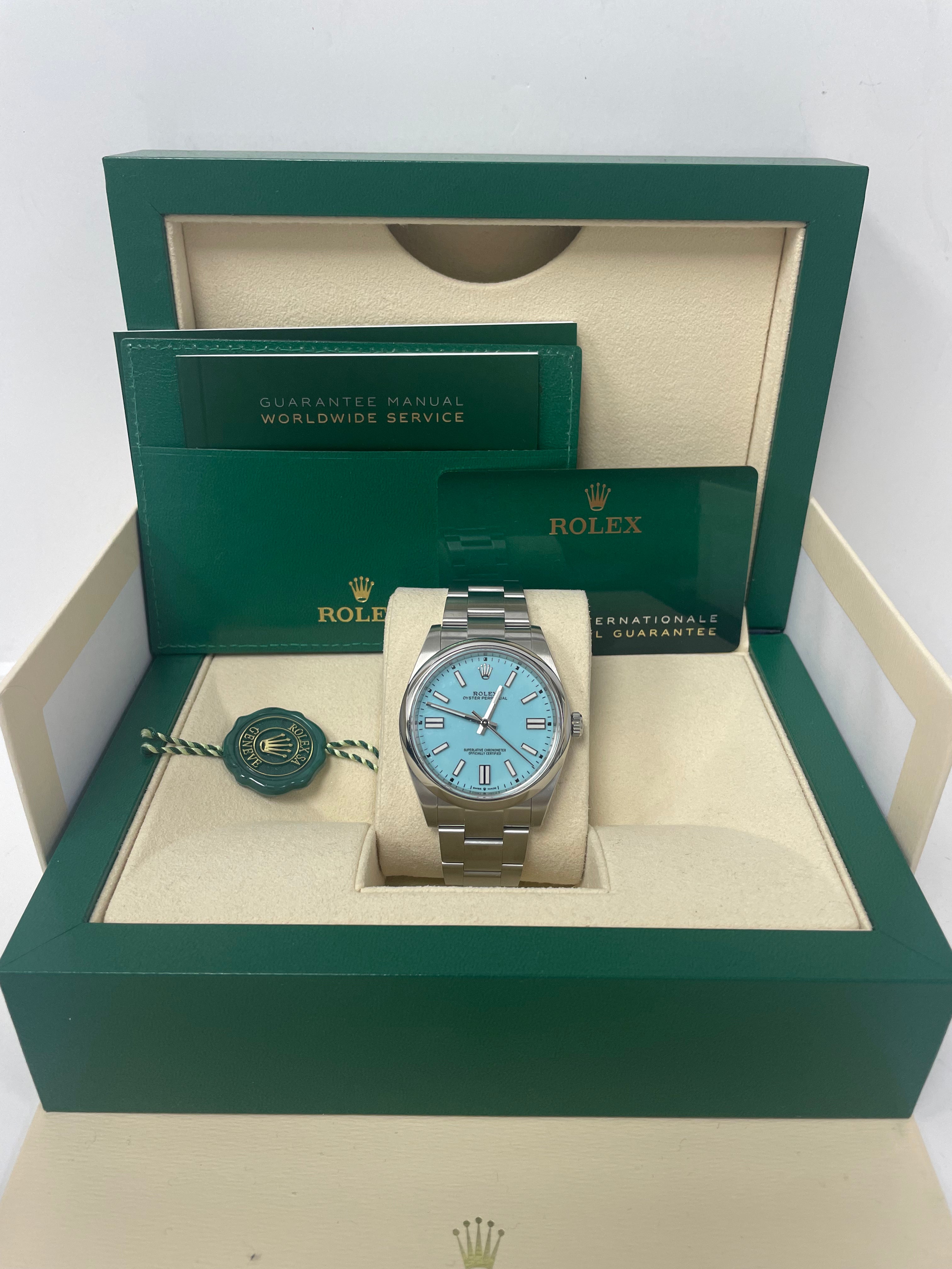 Rolex Oyster Perpetual 41mm Men's Watch - Stainless Steel Case, Turquoise Blue Dial, Oyster Bracelet (Ref# 124300) | Luxury Dress Watch for Business & Formal Occasions