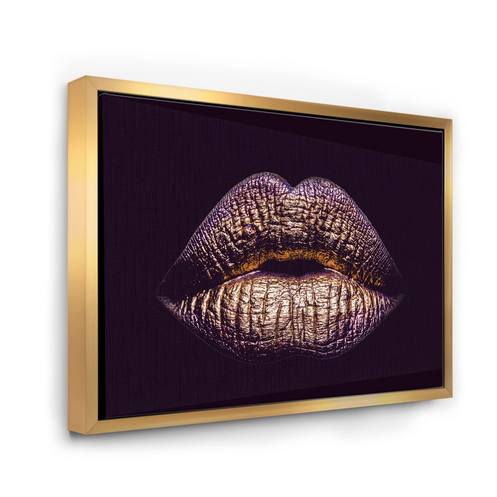 DesignQ Sexy Golden Metallized Female Lips III - Modern Framed Canvas Wall Art Print for Living Room, Bedroom & Office Decor