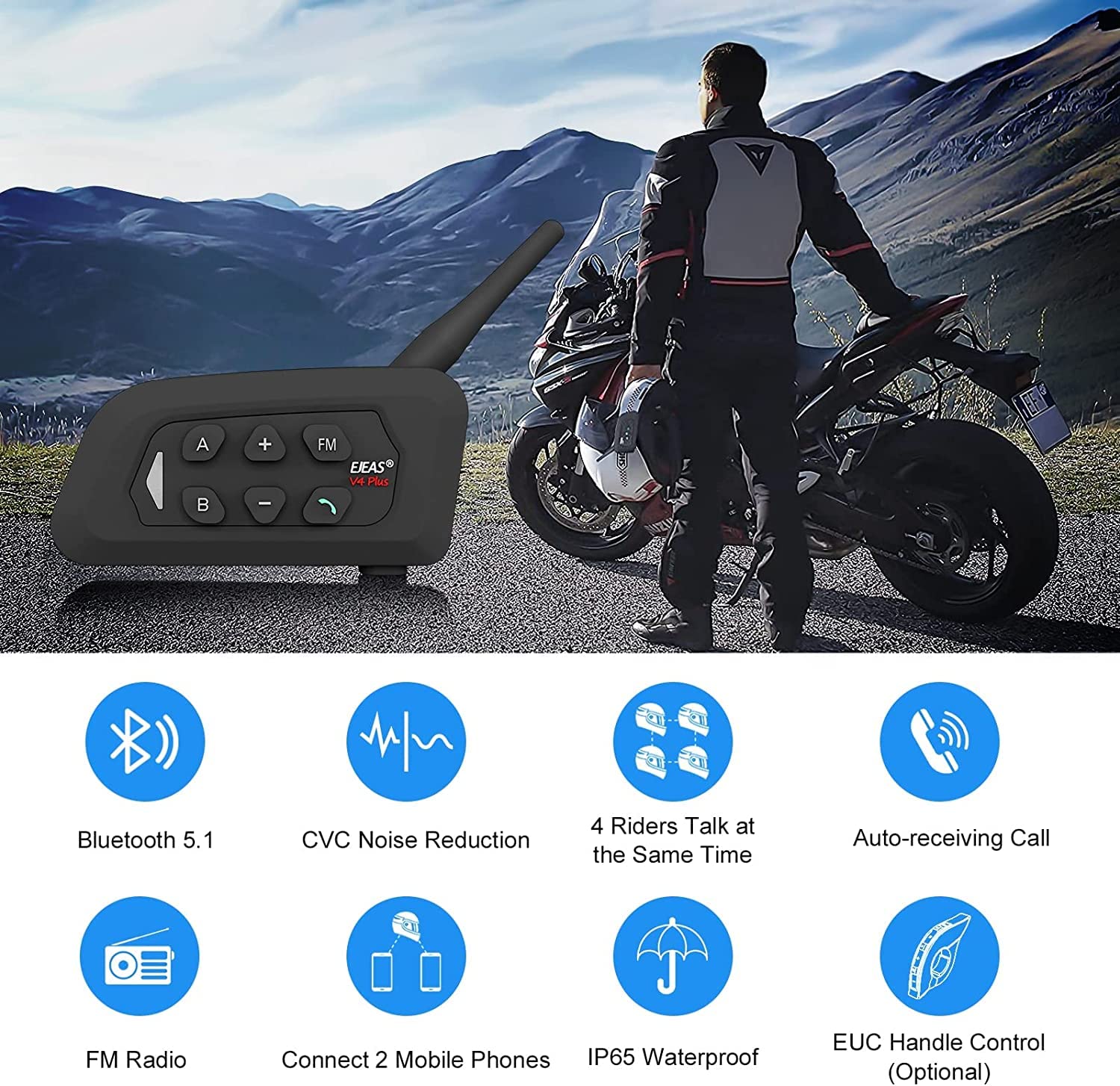 EJEAS V4Plus Bluetooth Motorcycle Headset - 4-Way Intercom Communication System, Waterproof 1500m Wireless Motorbike Interphone with Voice Assistant, Noise Cancellation & FM Radio (2 Pack) - Perfect for Group Rides, Touring & Adventure Motorcycling