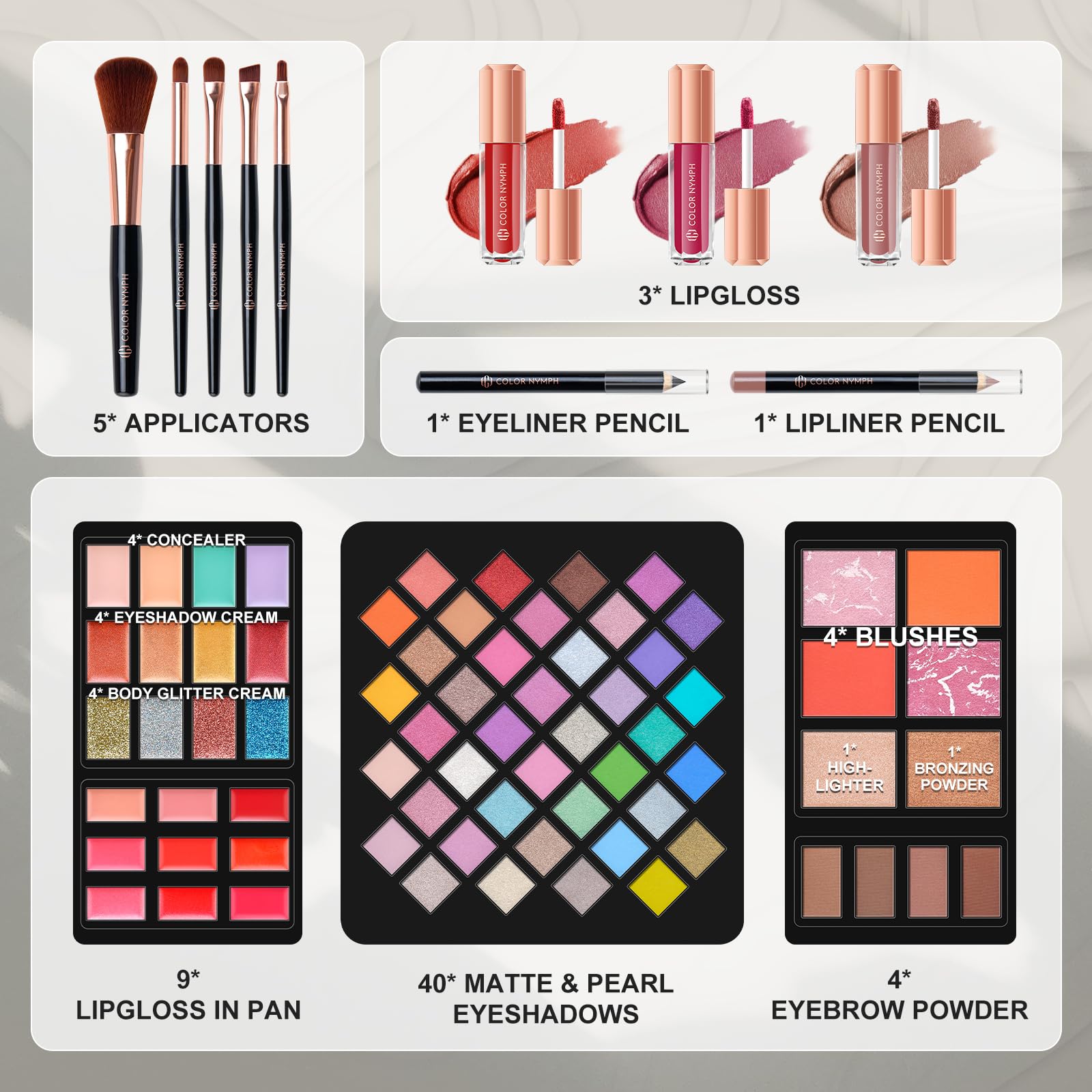 **Professional All-in-One Makeup Kit for Women – Complete Cosmetic Gift Set with Eyeshadow Palette, Lip Gloss, Blush, Pencils & Brushes in White Train Case with Mirror – Perfect for Travel, Bridal, and Everyday Makeup**