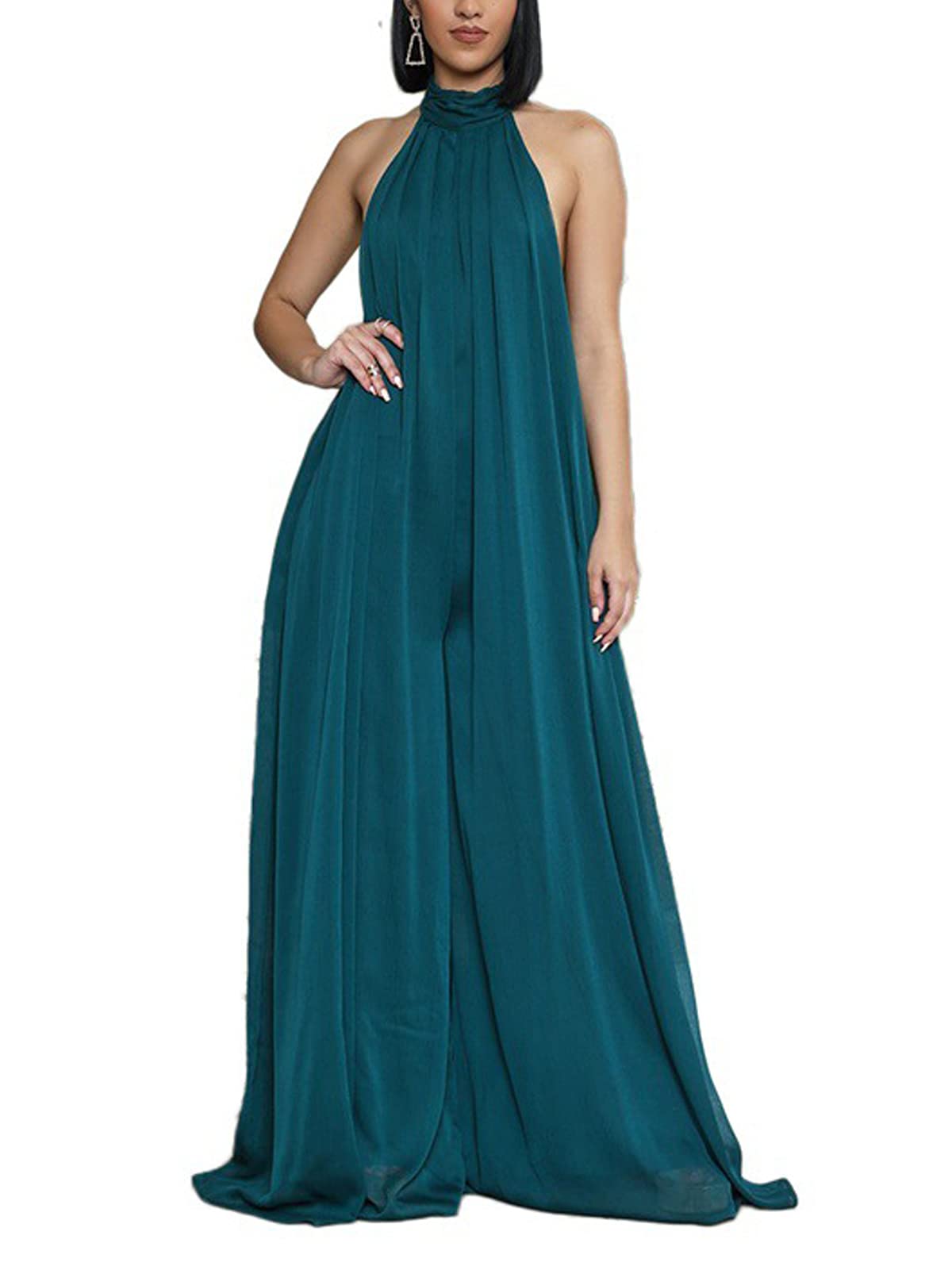 Ekaliy Women's Sexy Summer Jumpsuit - Halter Neck Sleeveless Chiffon Wide Leg Romper One Piece Outfit for Beach, Party & Vacation
