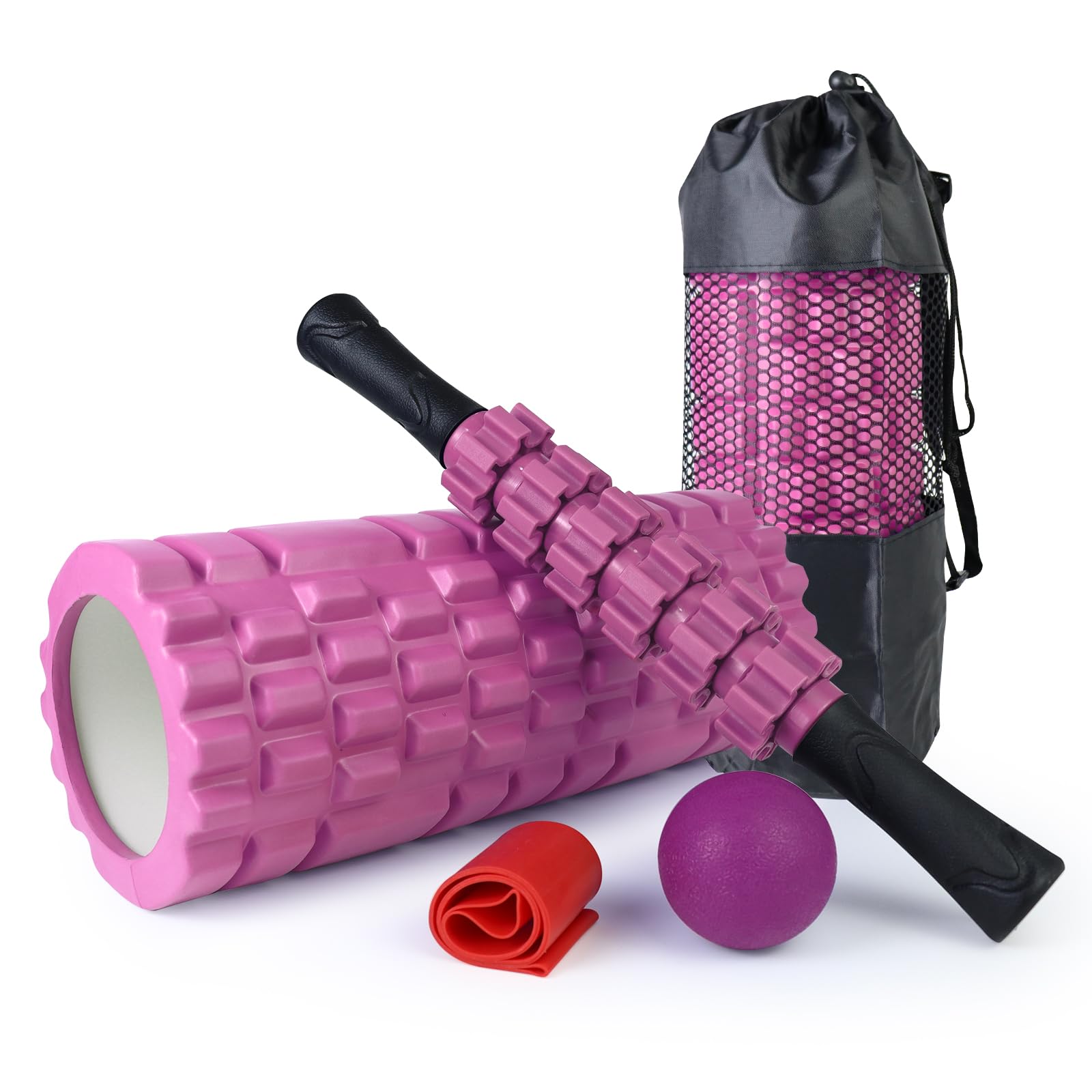 SUBCULTUREPICK 5-in-1 Foam Roller Set with Trigger Point Massage Roller, Yoga Stick, Massage Ball & Resistance Bands - Deep Tissue Therapy for Muscle Recovery, Pilates, Yoga & Fitness Workouts - Full Body Pain Relief (Pink) - Perfect for Home Gym, Physical Therapy & Post-Workout Recovery