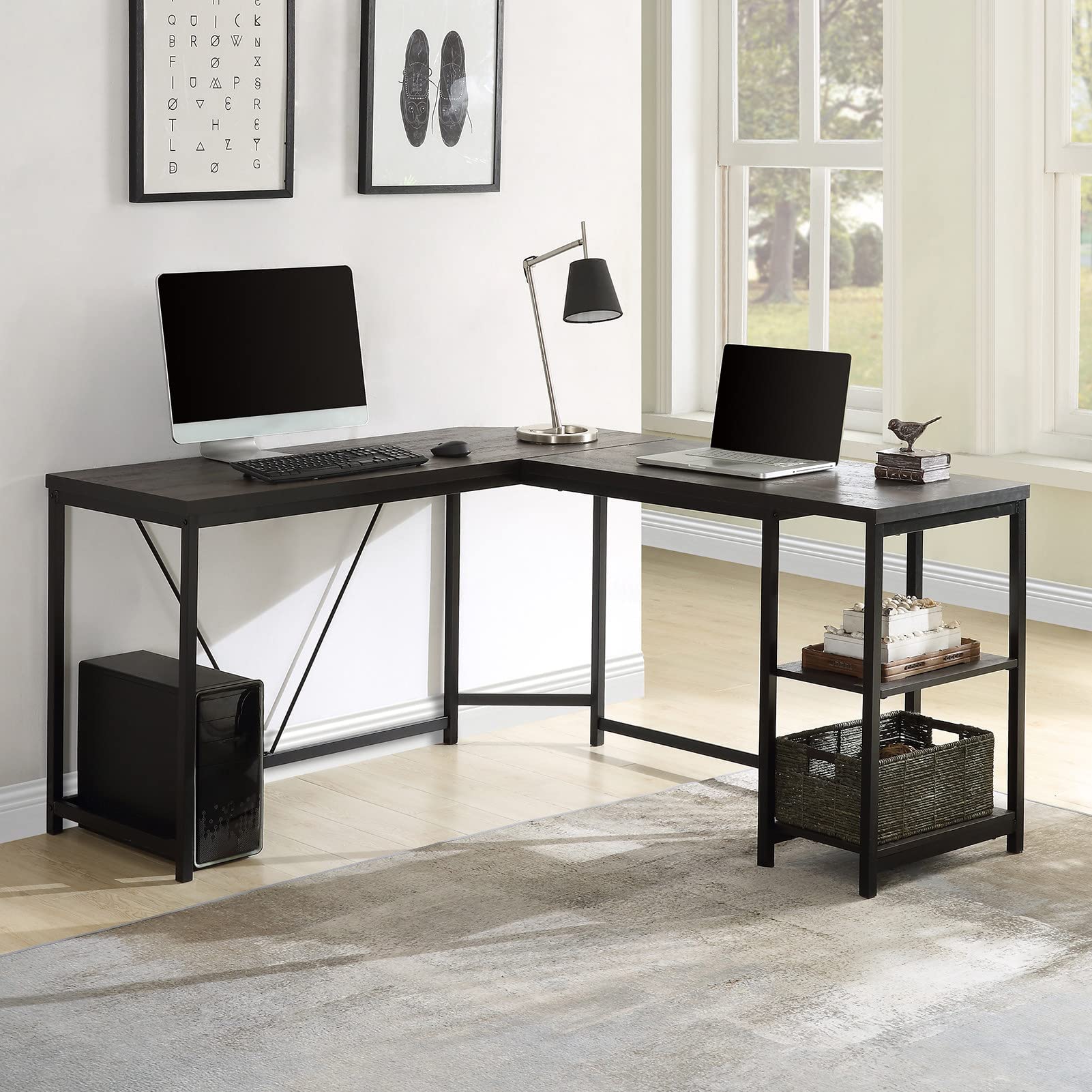 Modern Simple Style Computer Desk with 2-Tier Storage Shelves - Durable Wooden Office Desk for Laptop & PC - Strong Loading-Bearing Home Office Table in Dark Brown - Perfect for Small Spaces, Remote Work & Study