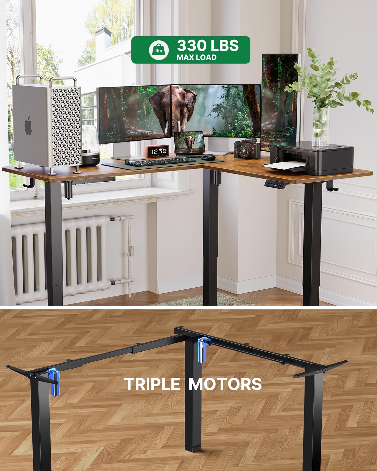 Marsail Adjustable Height Electric Standing Desk - L-Shaped Home Office Desk with 4-in-1 Power Outlet & Headphone Hook | Sturdy Writing Workstation for Home Office, Gaming & Remote Work (Rustic Finish)