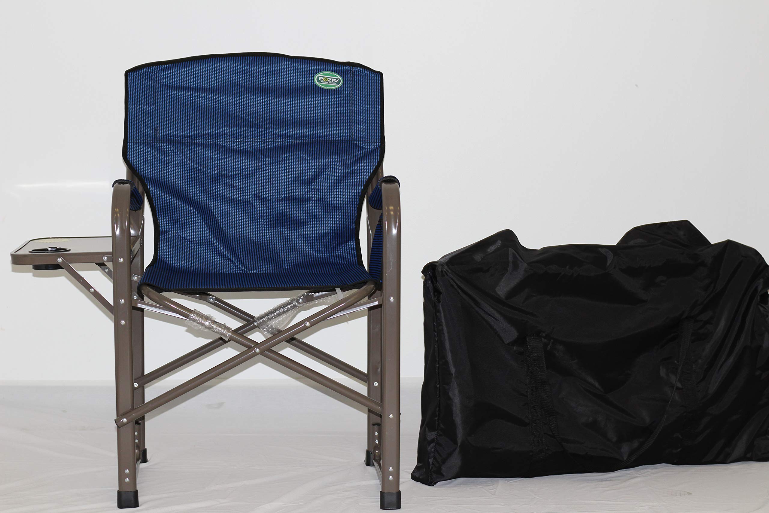 EEZ RV Heavy Duty High-Back Folding Director's Chair with Side Table & Storage Bag - Portable Camping Chair for Outdoor, Patio, Beach, Picnic - Blue