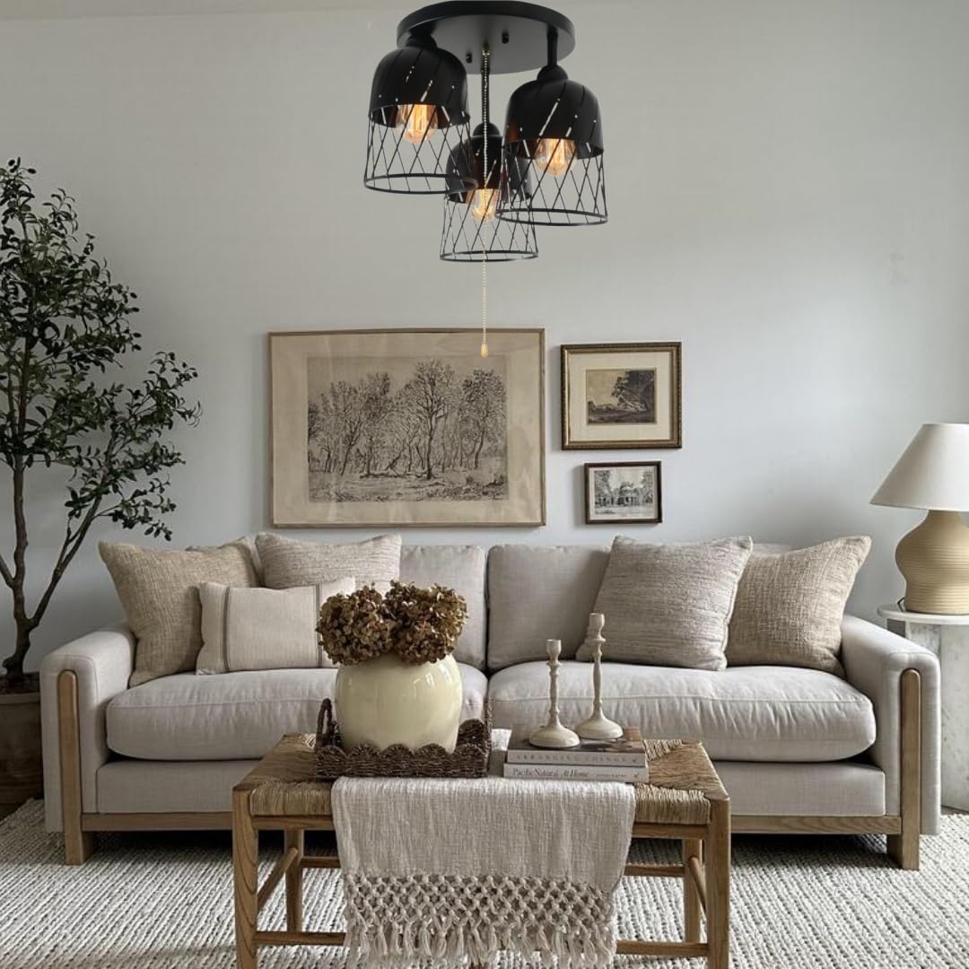 Vintage Industrial Black Ceiling Light Fixture with Pull Chain Switch - Semi Flush Mount Metal Cage Lighting for Living Room, Bedroom, or Kitchen - 3 Light Edison E26 Base - Beuhouz 8086