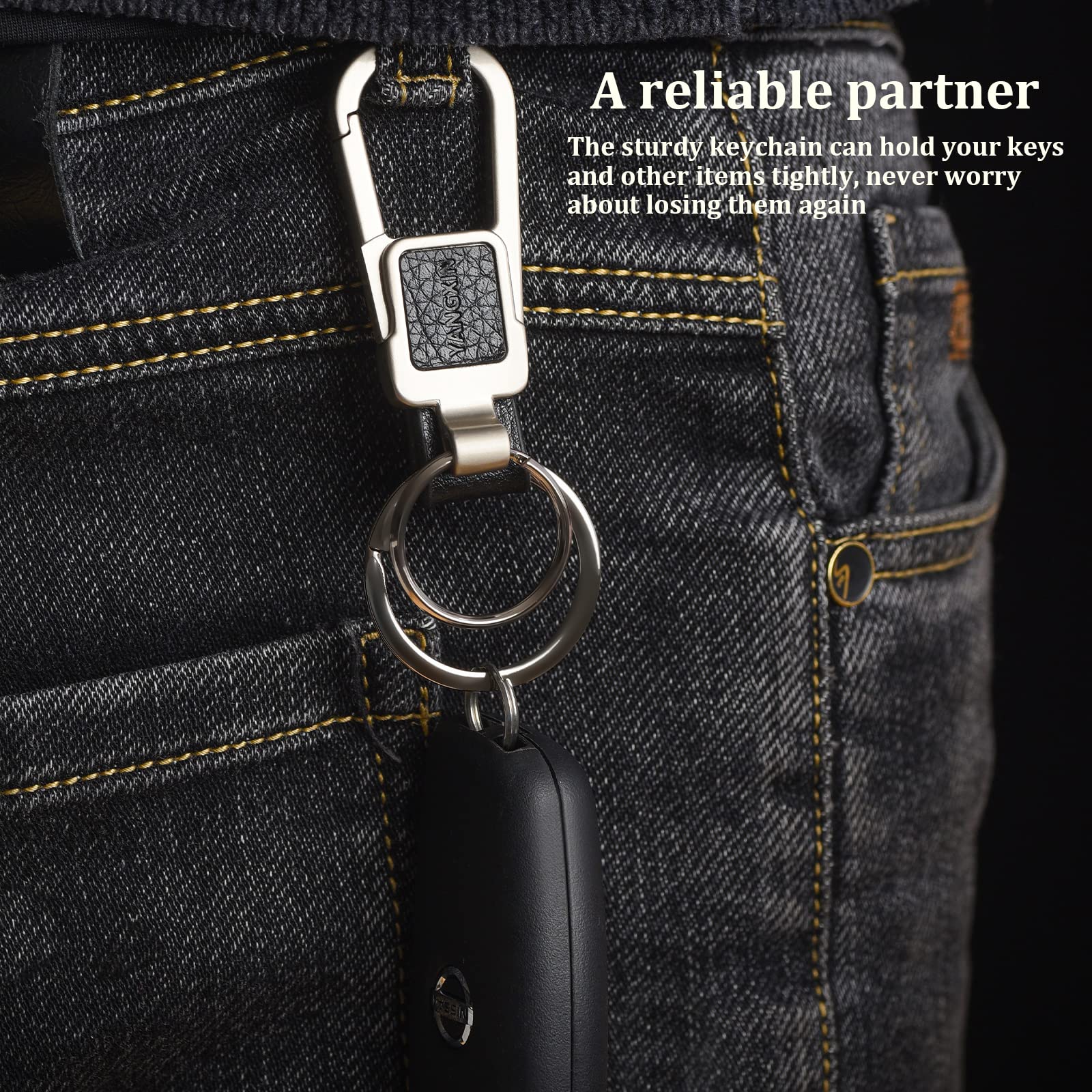 Durable Leather Keychain with 2 Key Rings & Carabiner Clip - Heavy Duty Car Keys Holder for Men & Women (Gift Box Included) - Perfect for Car Keys, House Keys, and Outdoor Adventures