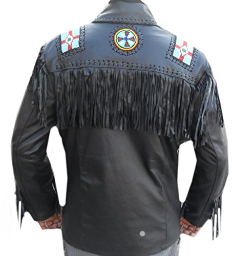 Classyak Western Cowboy Genuine Cowhide Leather Jacket with Fringe, Beads & Bone Decor - Perfect for Rodeo, Country Music Festivals & Western Fashion