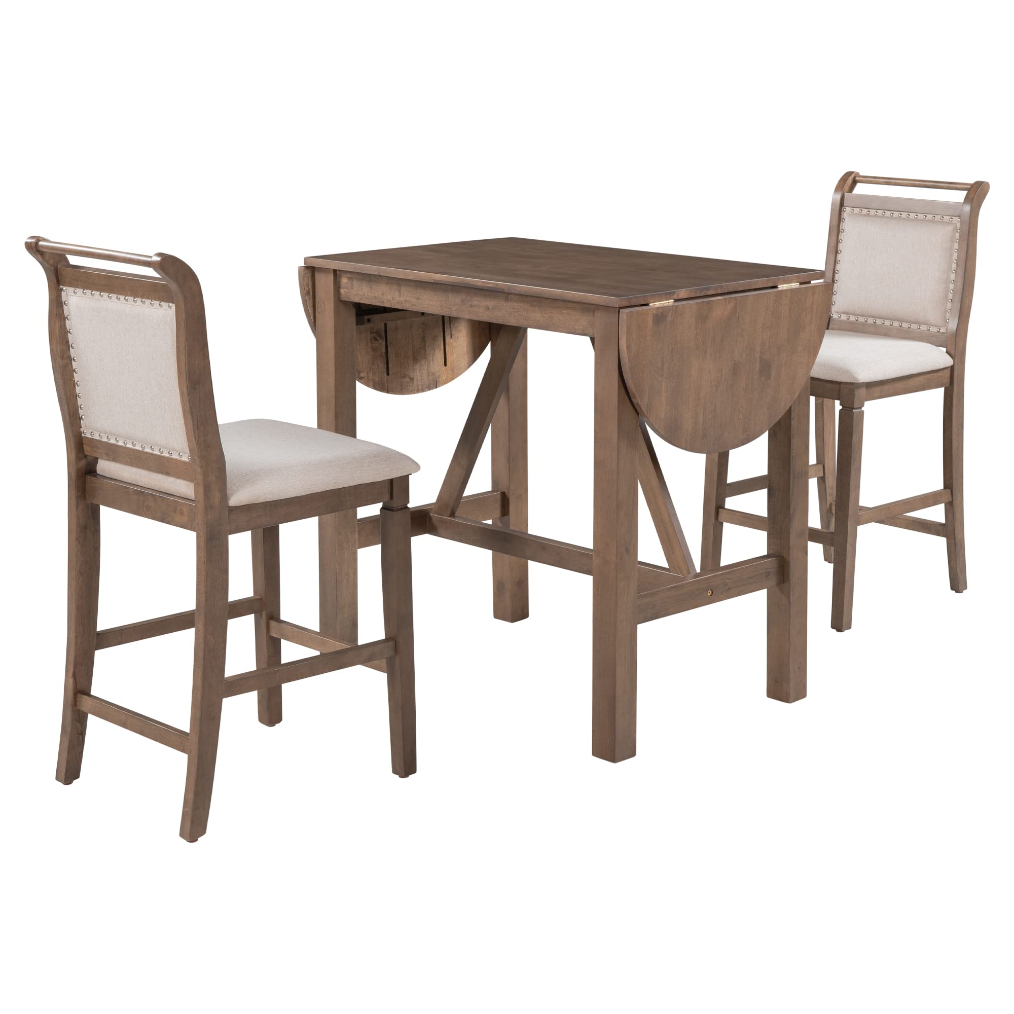 Voohek 3-Piece Counter Height Dining Table Set with 2 Upholstered Chairs & Drop Leaf - Compact Space-Saving Design for Small Kitchen, Breakfast Nook, Apartment Dining, Bar or Bistro - Rich Brown Finish