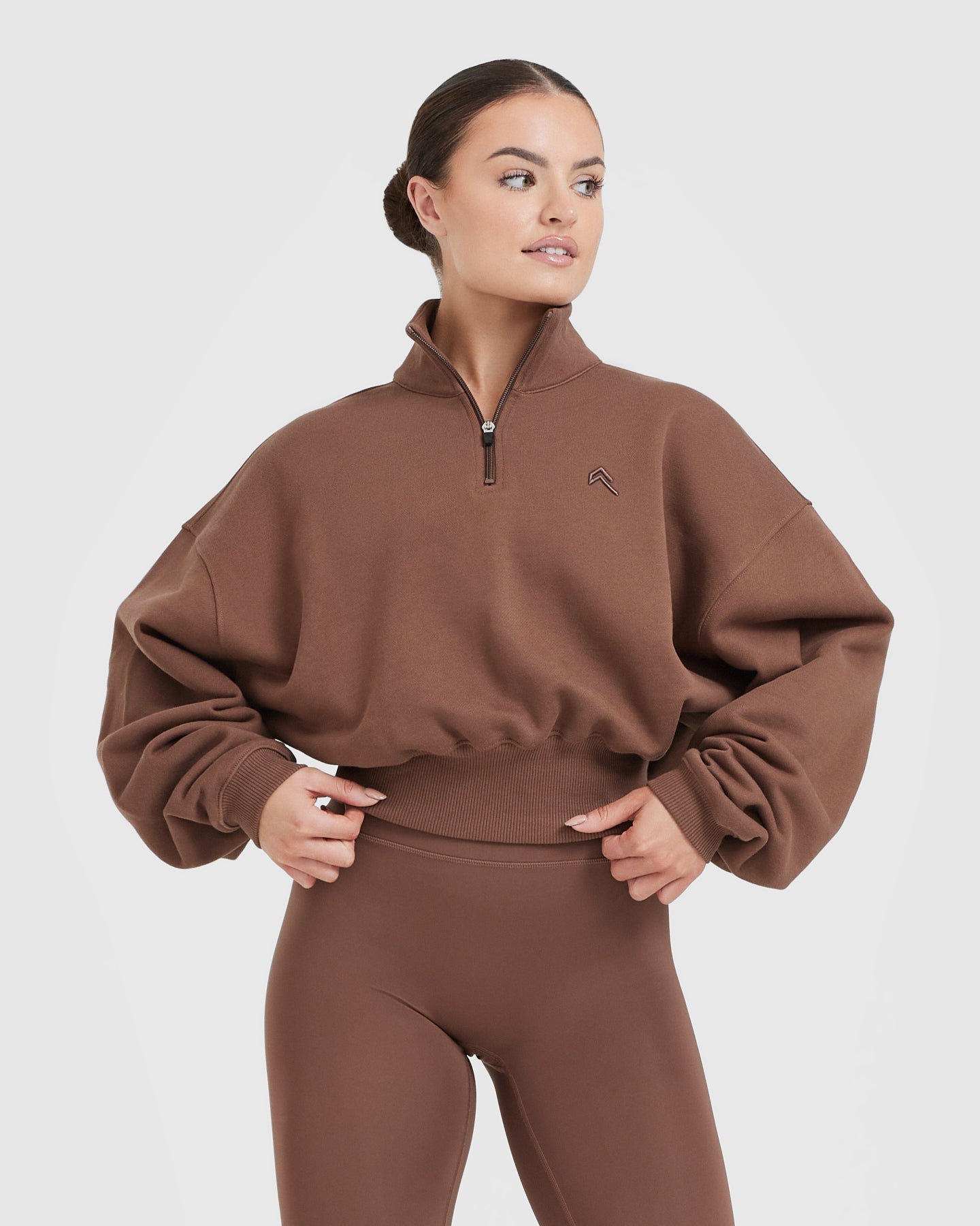 Women's All Day Comfort 1/4 Zip Crop Sweatshirt - Soft Fleece Pullover in Chestnut Brown | Perfect for Yoga, Running & Casual Wear