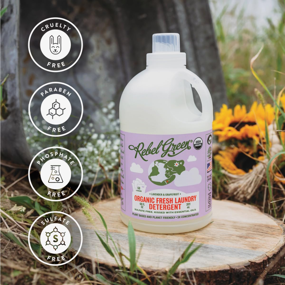 Rebel Green Organic Laundry Detergent - Natural Plant-Based Liquid Laundry Soap with Dispenser Cup | Gentle on Skin & Clothes | Fresh Lavender & Grapefruit Scent | 68 Loads per Bottle, 2-Pack | Perfect for Sensitive Skin, Baby Clothes & Eco-Friendly Households