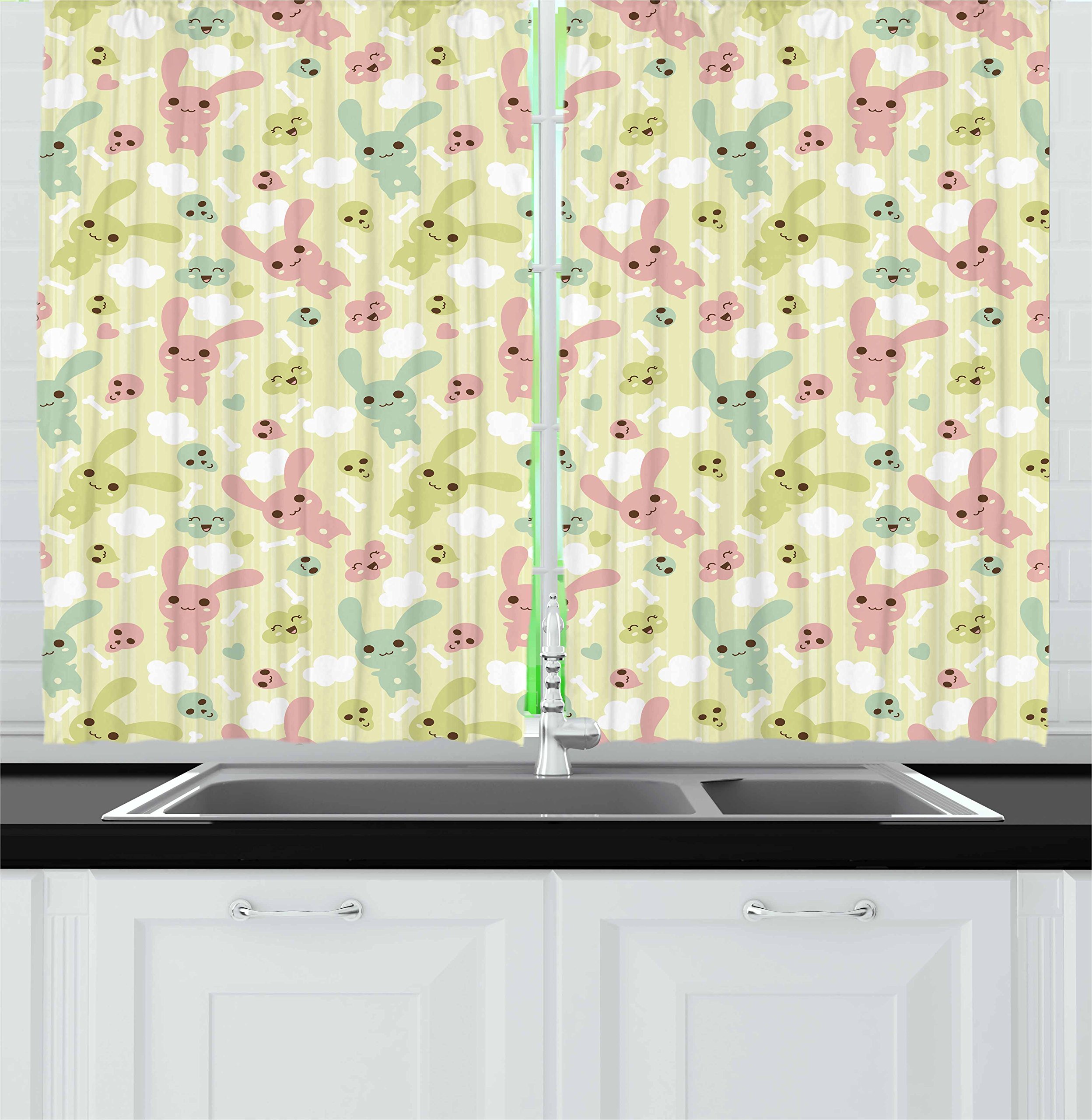 Ambesonne Anime Kitchen Curtains - Funny Bunnies Clouds & Bones Kawaii Doodle Print Window Drapes, 2 Panel Set for Kitchen & Cafe Decor, 55 x 39 Inches, Pale Green Pink Seafoam - Perfect for Anime Lovers' Home & Coffee Shop Decor