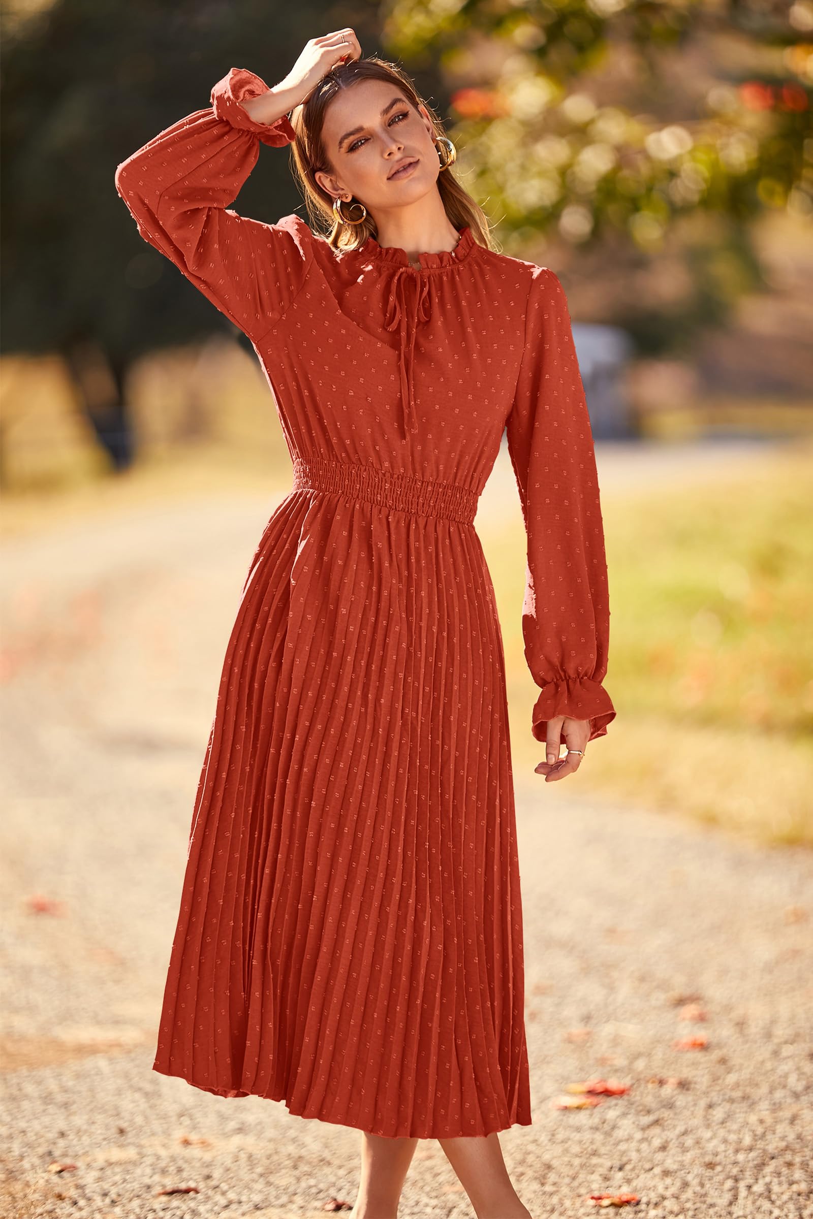 PRETTYGARDEN Women's 2025 Spring Fall Midi Dress - Casual Long Sleeve V-Neck Swiss Dot Pleated A-Line Flowy Dress for Work, Date Night & Special Occasions
