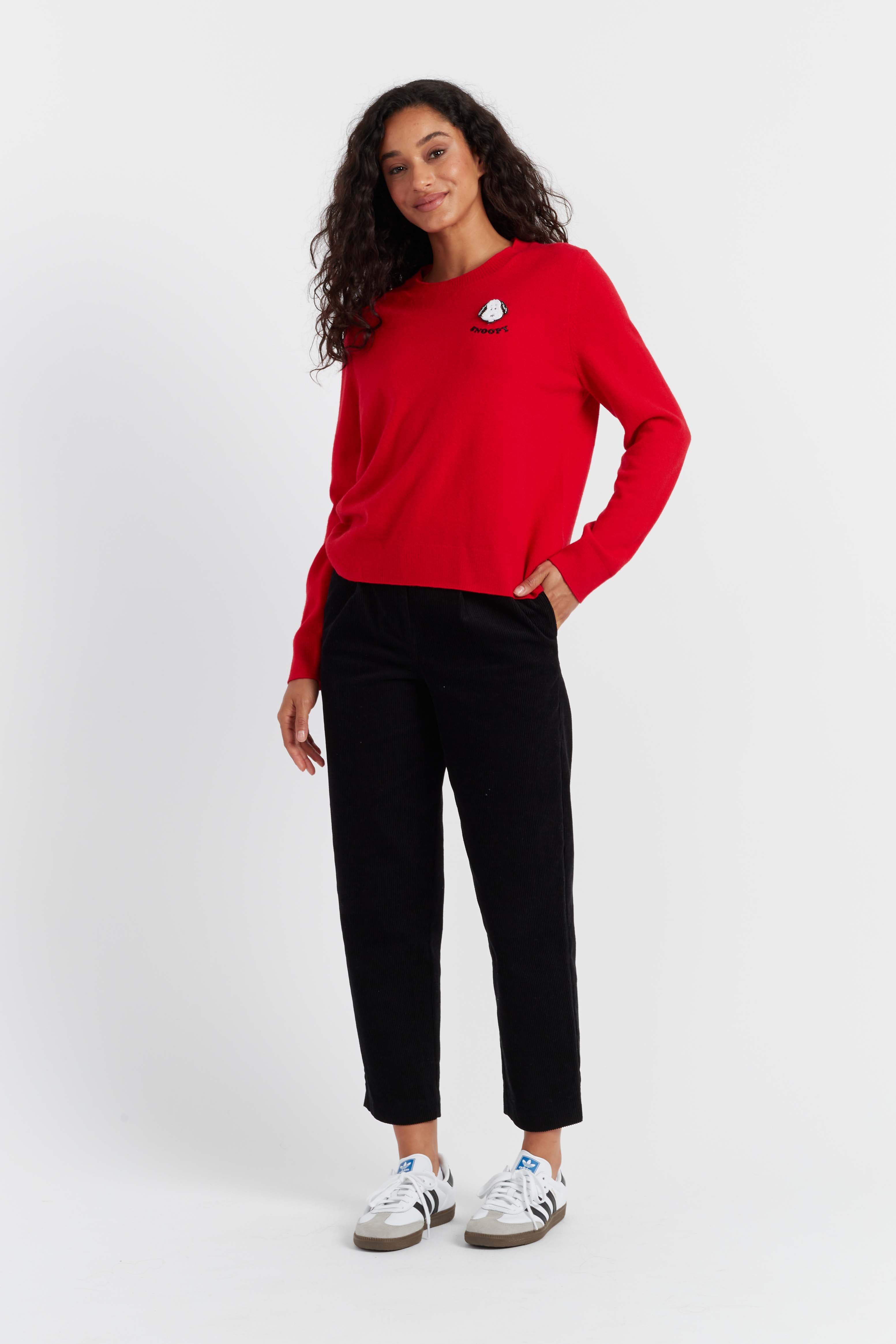 Red Wool Cashmere Snoopy Badge Sweater - Warm Winter Pullover with Cute Cartoon Design - Perfect for Christmas Gifts, Casual Outfits & Cozy Home Wear