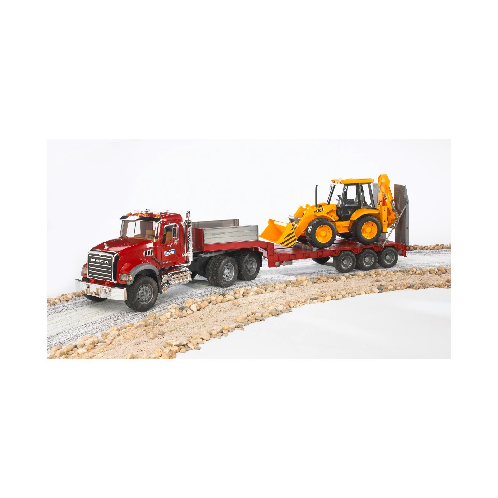 Bruder Toys 02813 Mack Granite Flatbed Truck with JCB Loader Backhoe - Realistic Construction Vehicle Toy for Kids Ages 3+ | Pretend Play, Sandbox Fun & Collectible Die-Cast Model
