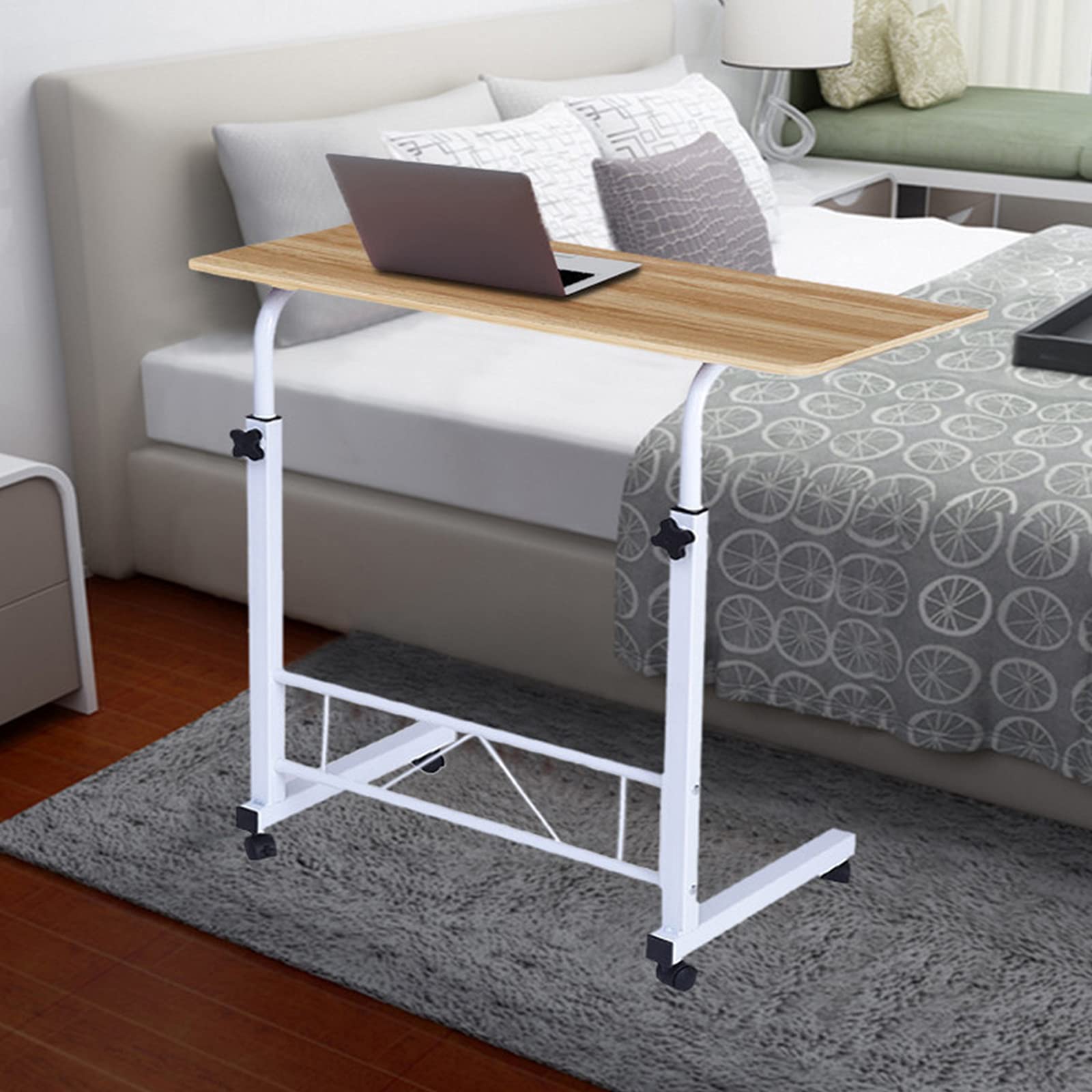 Lockable Wheels Adjustable Height Laptop Desk - Portable Home Office Workstation with Side Table, Standing Desk for Small Spaces & Elderly (Khaki) | Perfect for Remote Work, Bedroom Study & Nursing Home Use