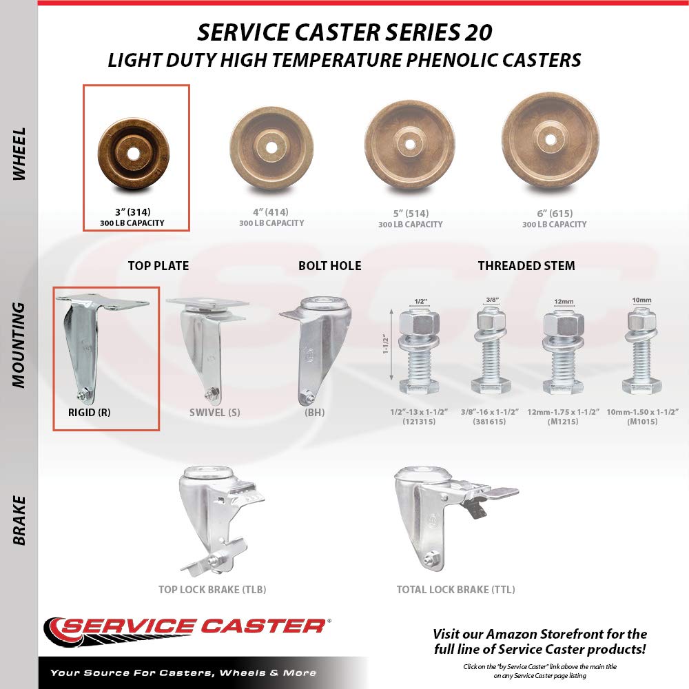 4-Piece High-Temperature Caster Set with 2 Brake & 2 Rigid Wheels - 3