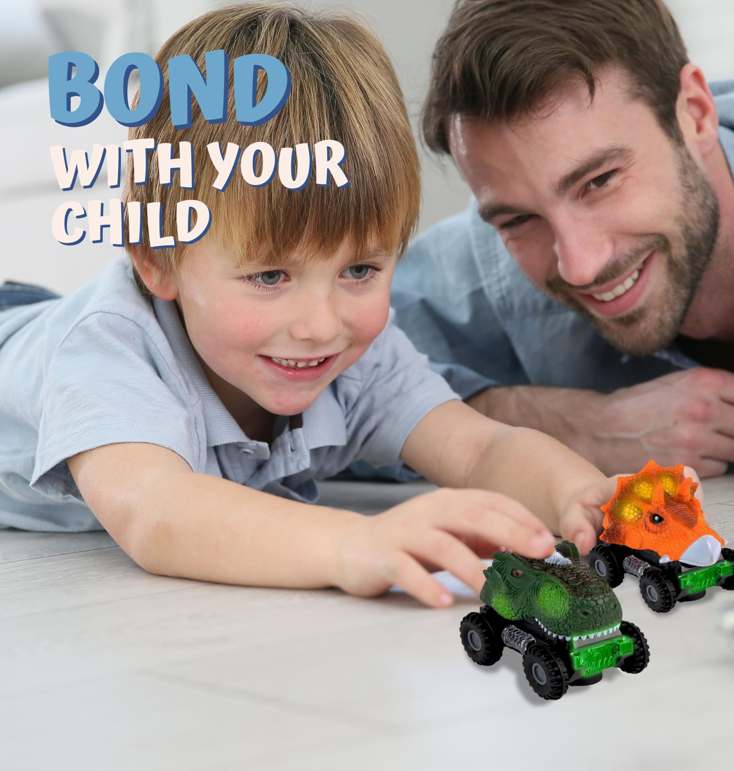 ToyVelt 2021 Edition Pull Back Dinosaur Cars - 4 Pack Light Up & Sound Toys for Kids Ages 3-10 | Fun Birthday & Christmas Gift for Boys & Girls | Perfect for Pretend Play, Party Favors & Dinosaur Themed Activities