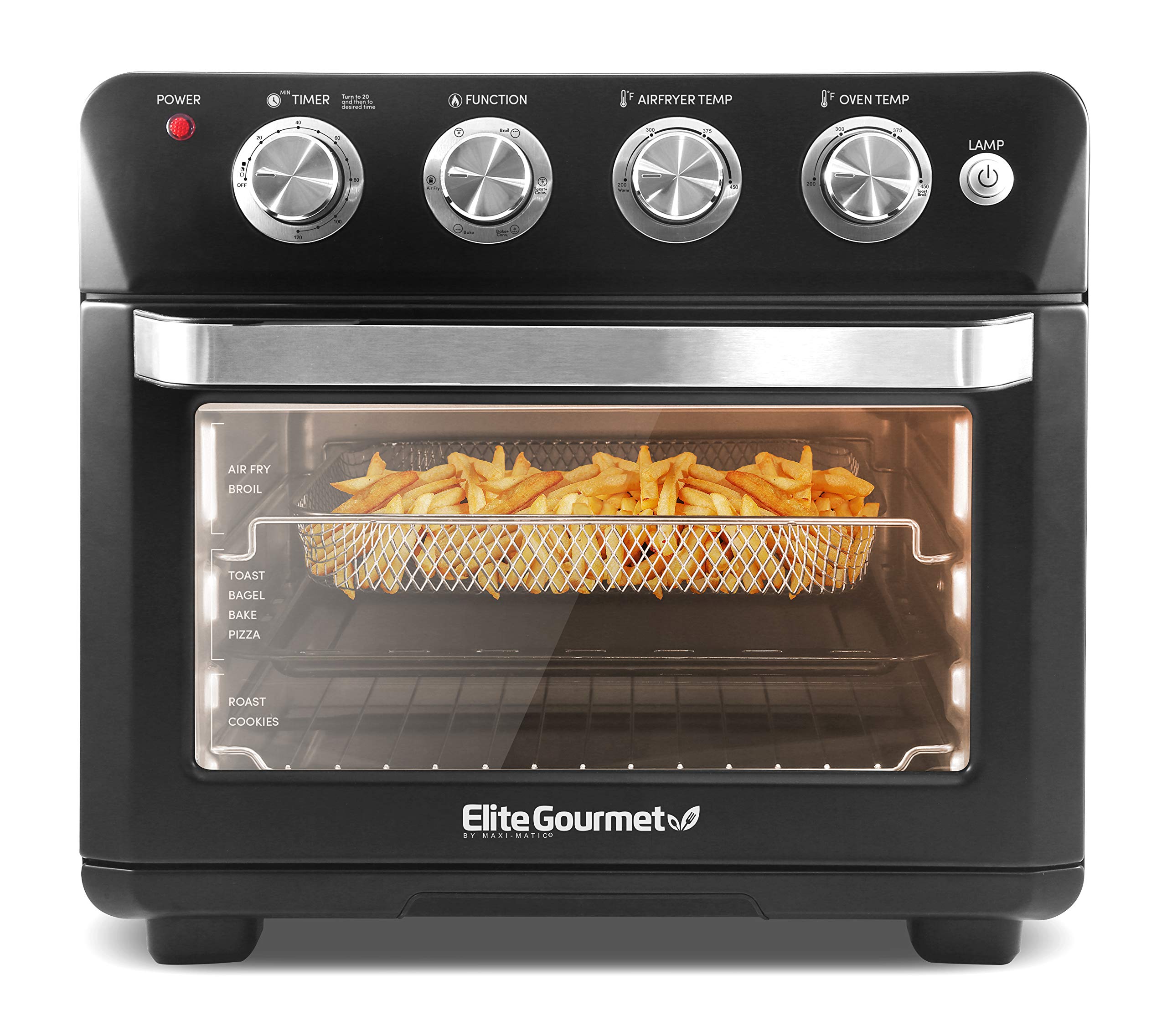 Elite Gourmet EAF9100 Maxi-Matic 25L Oil-Less Air Fryer Oven - Large Capacity Convection Oven for Grilling, Baking & Roasting - 1640W Black Electric Fryer - Perfect for Healthy Cooking, Family Meals & Party Snacks