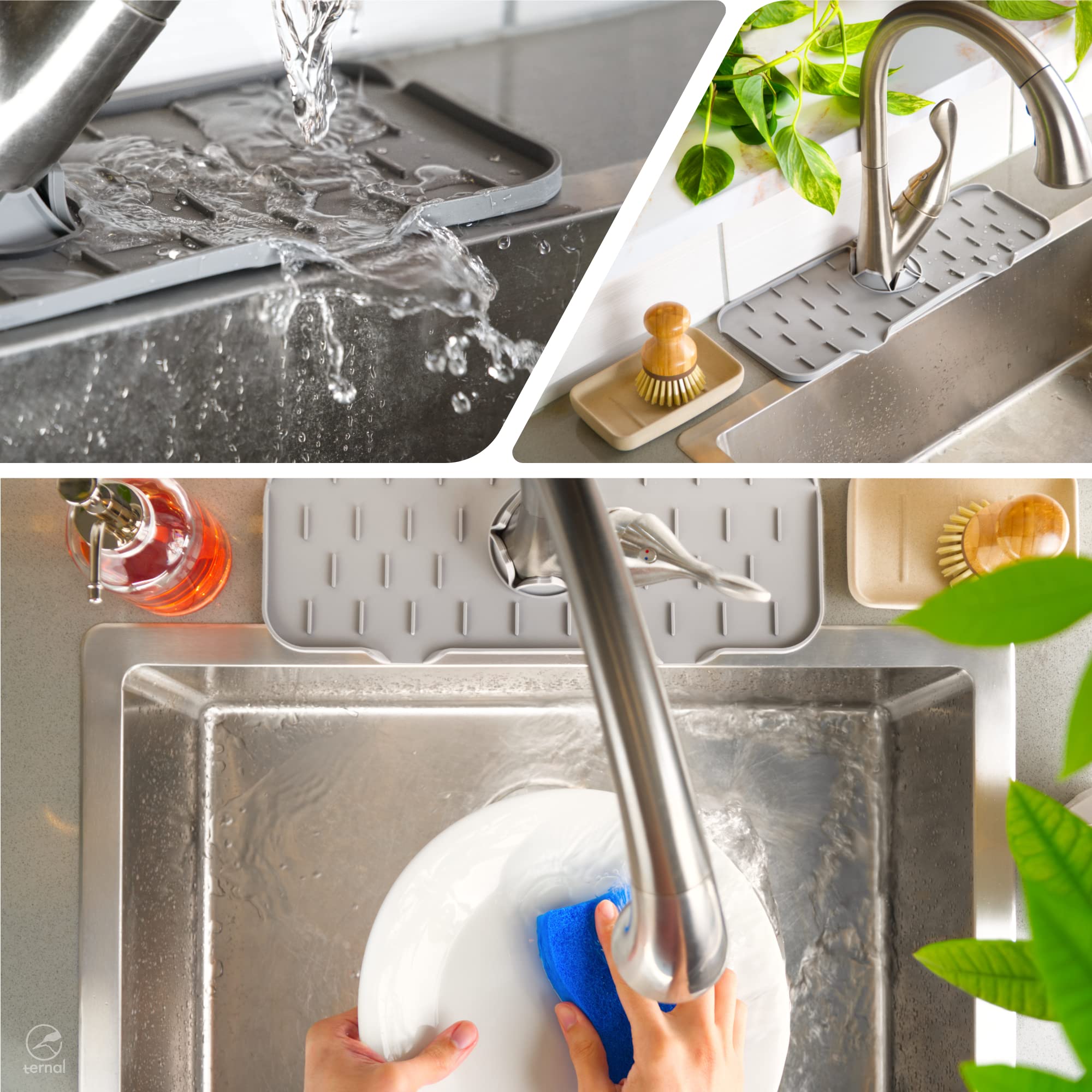 Ternal Silicone Faucet Handle Drip Catcher Tray Mat - Non-Slip Kitchen Sink Accessories, Dish Soap Sponge Holder & Drying Mat for Counter, Bathroom (Grey) | Perfect for Organizing Sink Area & Preventing Water Spills