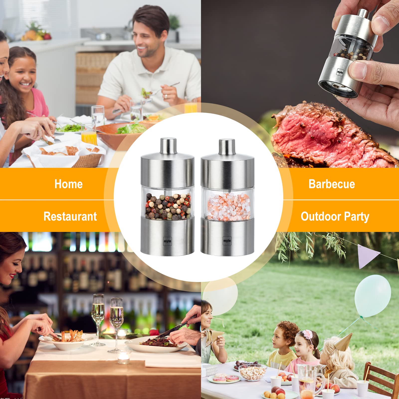 Premium Stainless Steel Salt and Pepper Grinder Set - Adjustable Ceramic Core, Refillable & Portable for Kitchen, BBQ, Picnic, RV, Restaurants, and Outdoor Parties