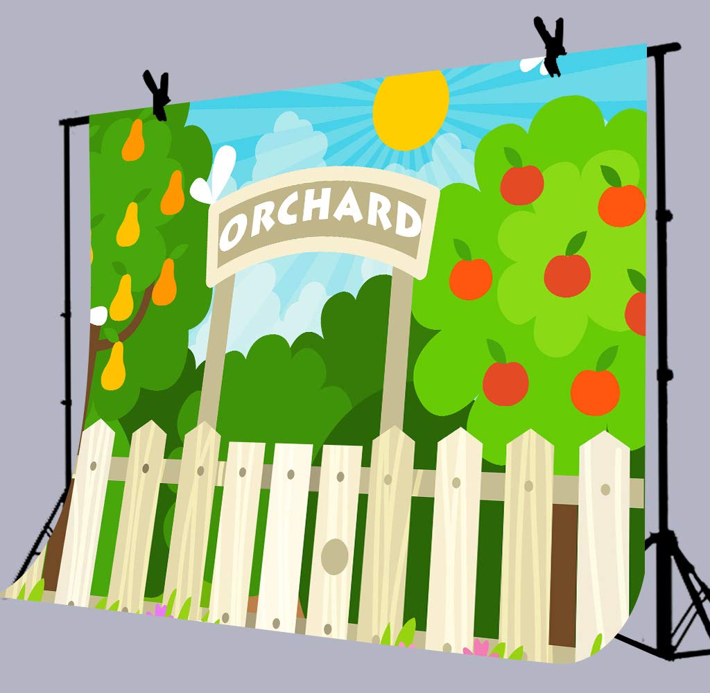 9x6FT Cartoon Orchard Apple Pear Tree Backdrop with Wood Fence & Blue Sky - Perfect for Birthday Parties, Baby Showers, Photo Booths, Cake Tables & Photography Props (LHLU807)