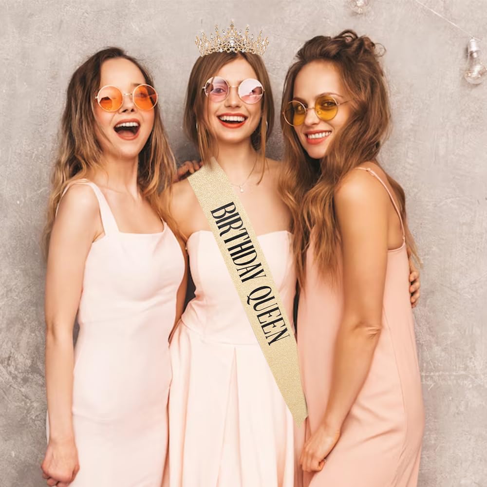 Gold Crystal Birthday Crown for Women - Elegant Queen Tiara with Combs & Glitter | Birthday Party Decorations & Gifts for Women | Perfect for Birthday Celebrations, Bachelorette Parties & Special Events