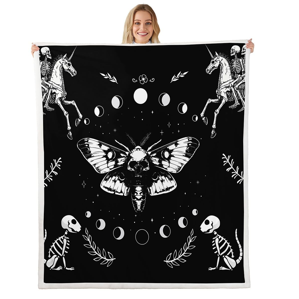 Super Soft Moth Skull Fleece Throw Blanket - Cozy Sherpa Blanket for Kids, Women & Adults - Unicorn Skeleton Plush Blanket with Plants Leaves Design - 50x60 Inches Fuzzy Blanket for Sofa, Bed & Couch - Perfect for Lounging, Movie Nights & Home Decor