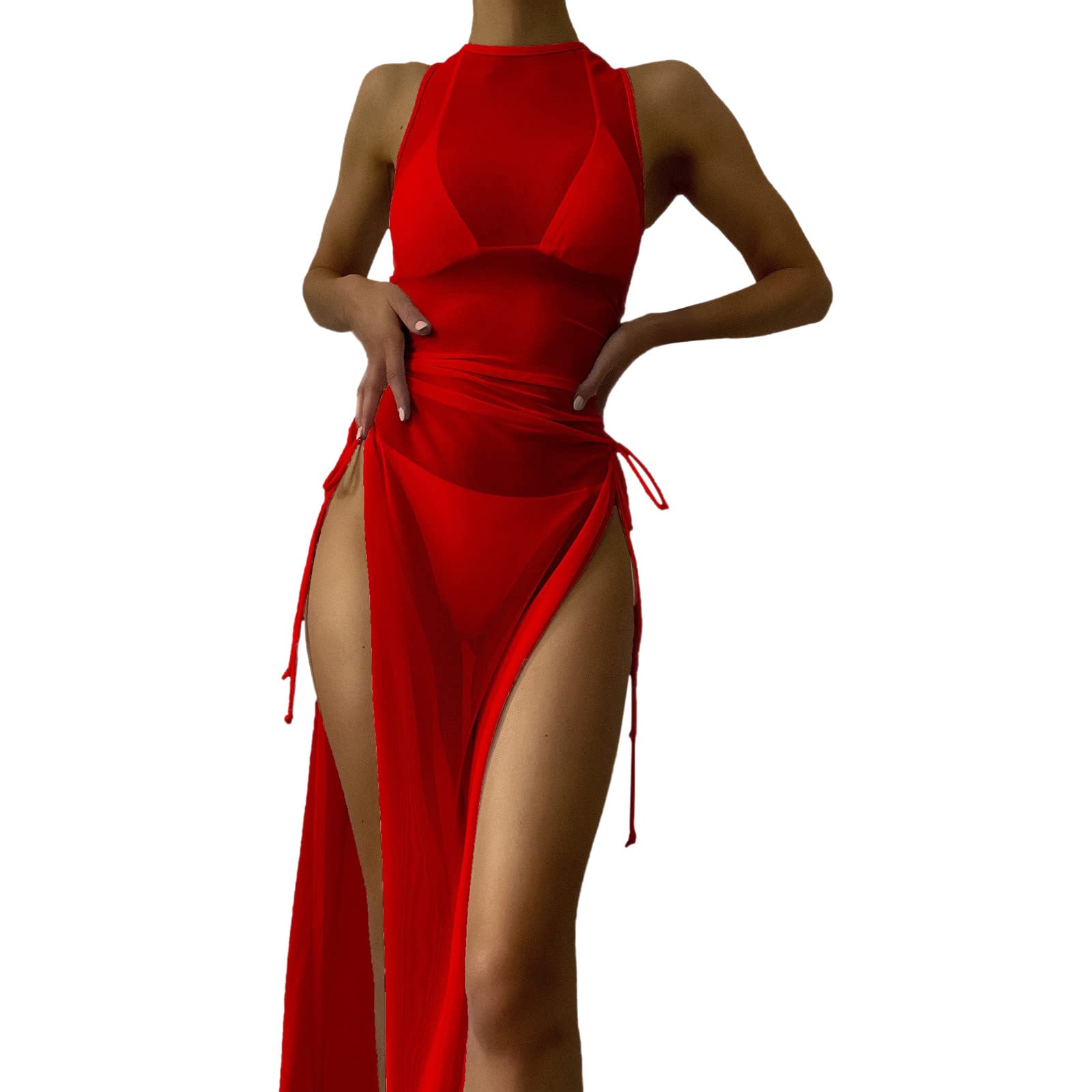 NREALY Women's One Shoulder Ruffle Trim Sheer Beach Cover Up Dress - Drawstring Mini Dress, Bikini Wrap, Swimwear Cover Up for Pool & Vacation (Red, XL) - Perfect for Beach Parties, Resort Wear & Summer Outings