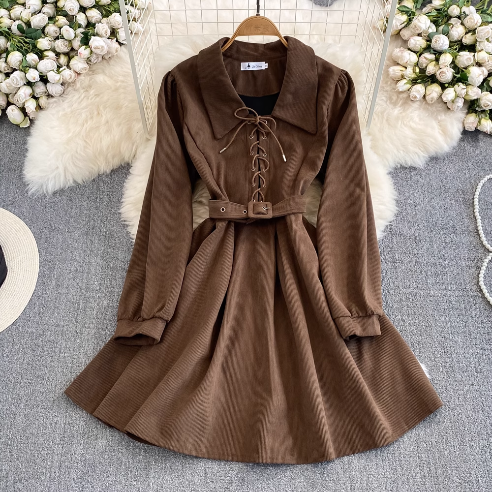 French Retro Long Sleeve A-Line Shirt Dress for Women - Vintage Style Fall Fashion - Perfect for Office, Date Night & Autumn Outings