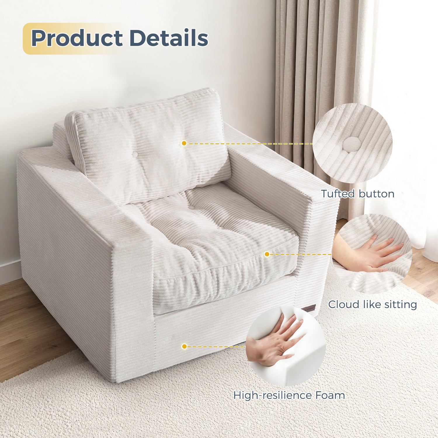 MAXYOYO Bean Bag Sofa Chair - Upholstered Floor Sofa with Armrests for Adults, Beige | Comfortable Lounge Seating for Living Room, Bedroom & Game Room