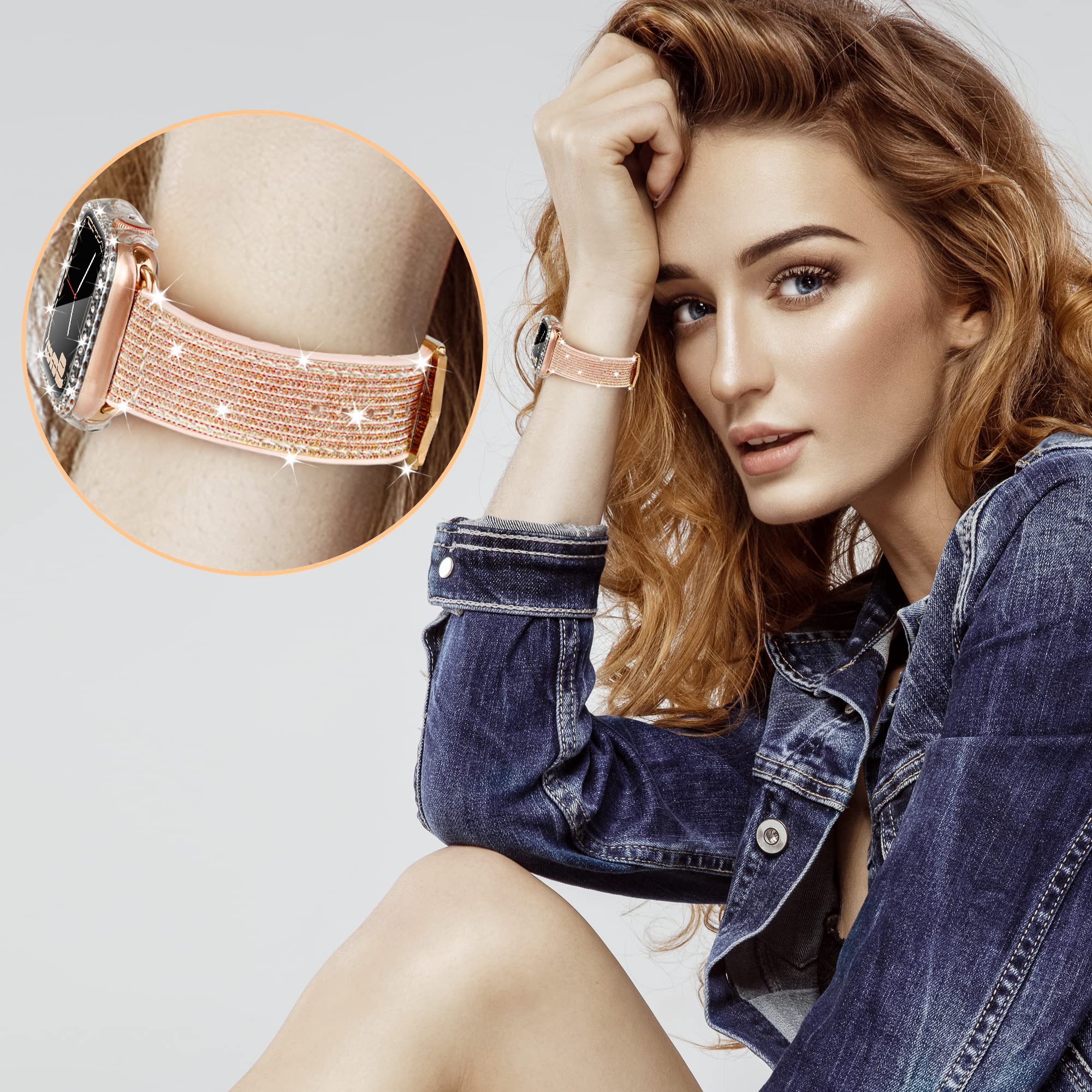 Sparkle Silicone Apple Watch Band 40mm 44mm 41mm 45mm Compatible with iWatch Series 9/8/7/6/SE/5/4 - Shiny Glitter Leather Bracelet for Women | Elegant, Sporty & Comfortable | Perfect for Workouts, Office Wear & Everyday Fashion