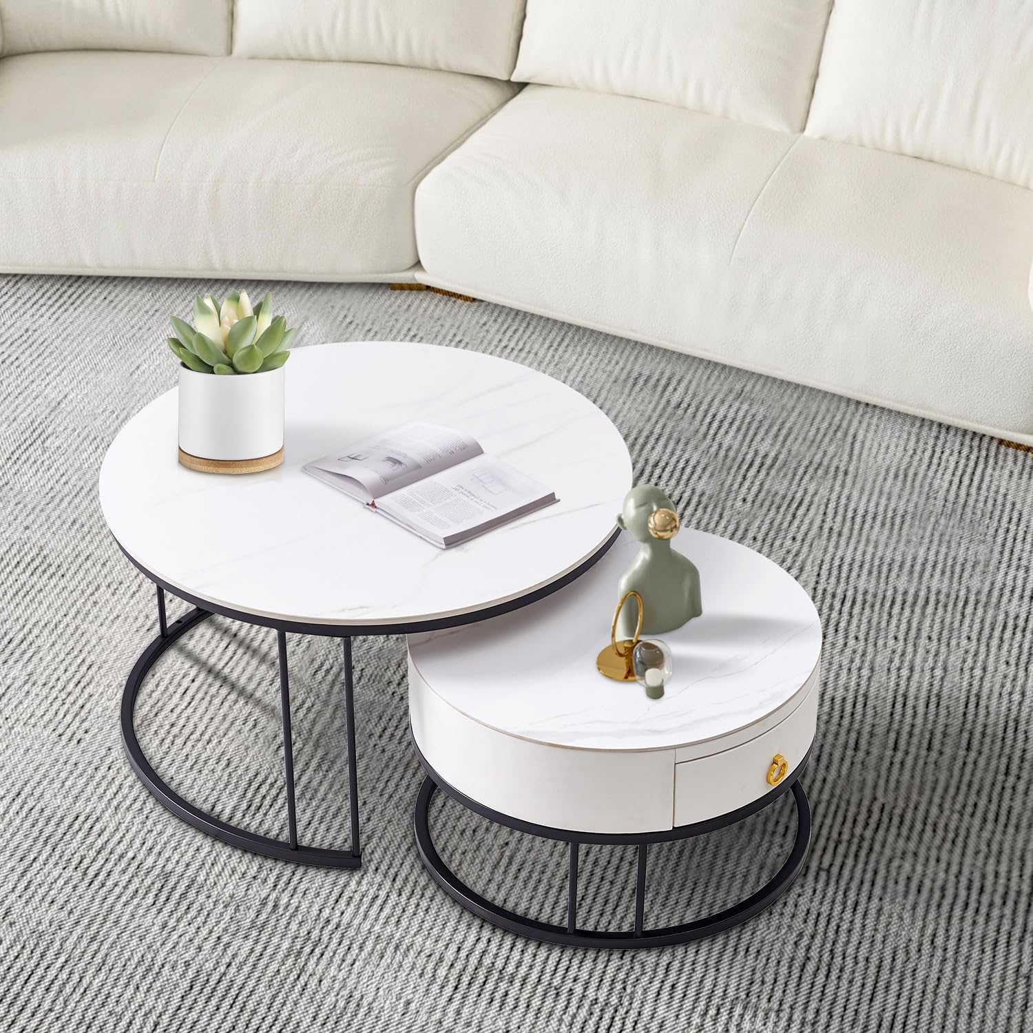 Modern Round Nesting Coffee Table Set of 2 with Sintered Stone Top & Metal Frame - Side End Tables with Hidden Storage Compartment for Living Room, Apartment, Office - Perfect for Small Spaces & Contemporary Home Decor