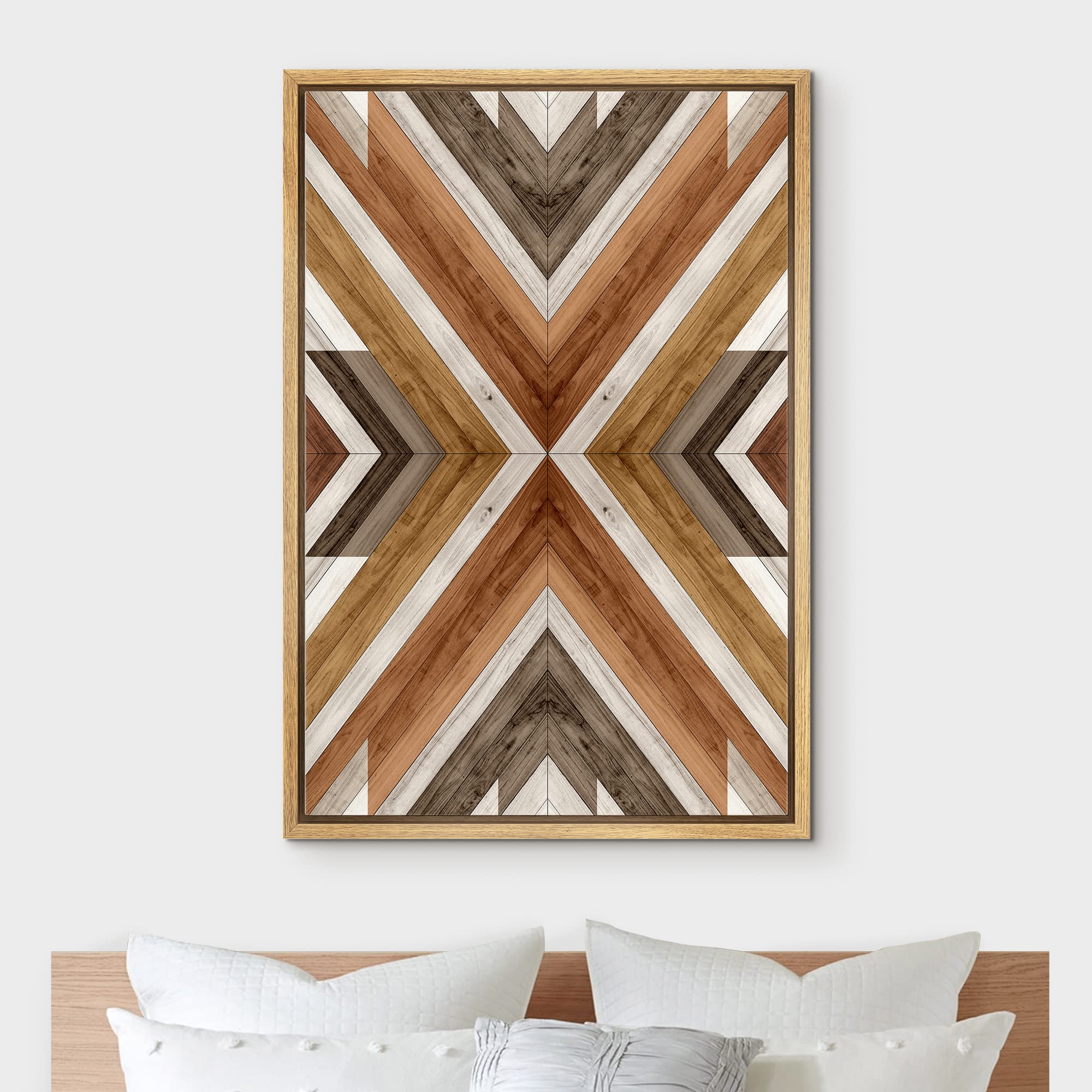 IDEA4WALL Framed Canvas Print - Western Tribal Wood Panel Art, Abstract Landscape with Nordic Minimalist Boho Design, 16