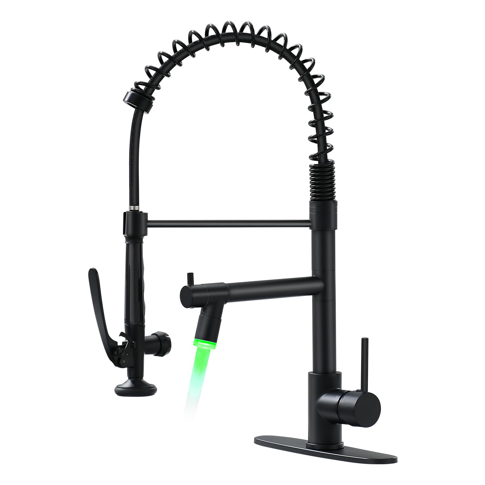 Fapully Commercial Matte Black LED Kitchen Faucet with Pull Down Sprayer and Deck Plate - High Arc Brushed Nickel Sink Faucet for Modern Home & Restaurant Use