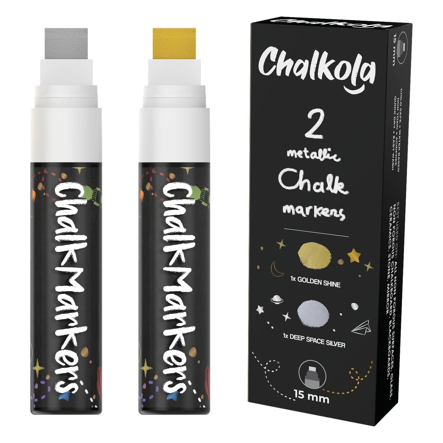 Metallic Liquid Chalk Markers (2 Pack) - Jumbo 15mm Tip Wet Wipe Erasable Pens for Blackboards, Chalkboard Signs, Bistro Menus & Car Windows - Perfect for Restaurants, Cafes, Retail Stores & DIY Home Decor