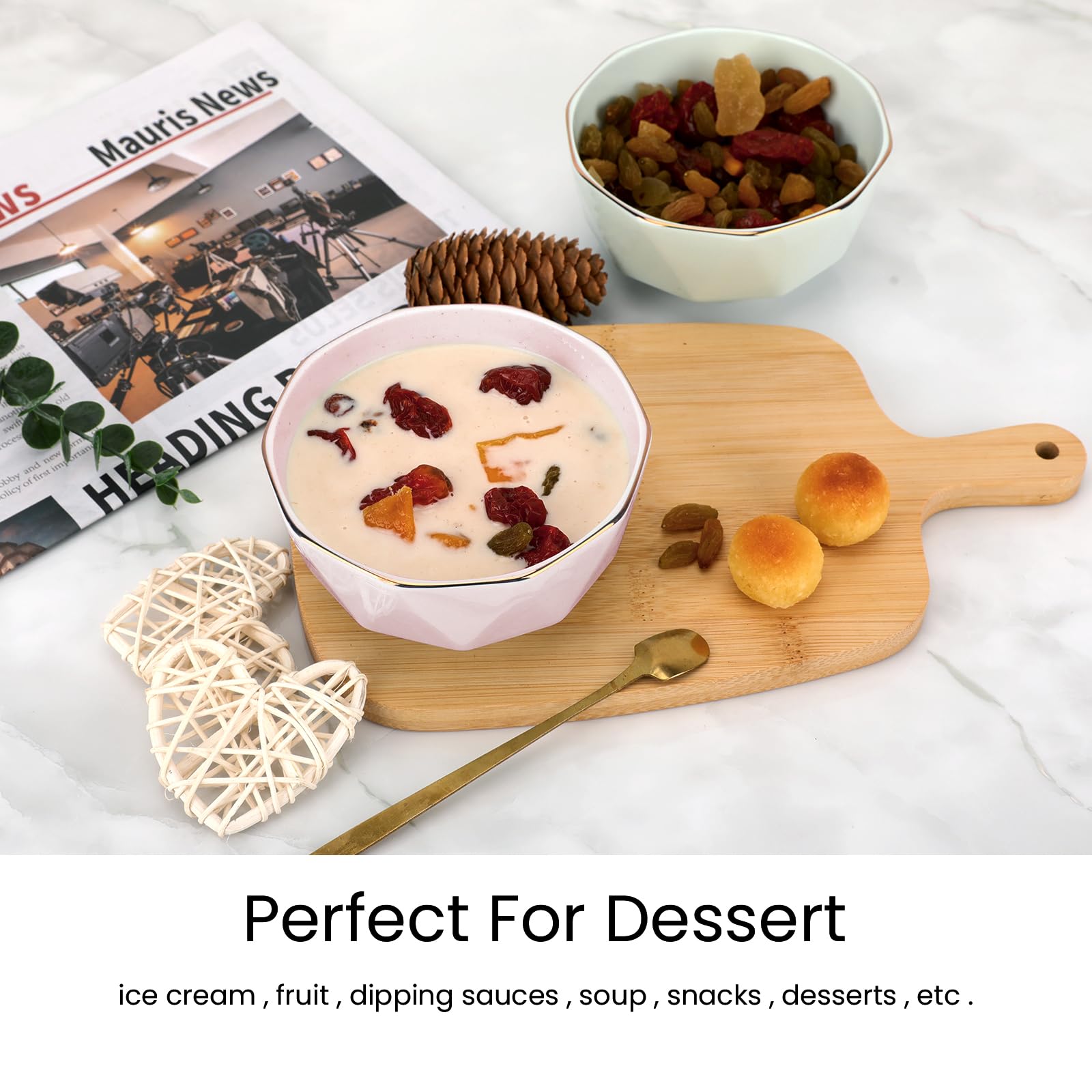 4.5 Inch 10oz Gold-Plated Ceramic Small Bowls Set of 4 - Elegant Diamond Design for Yogurt, Desserts, Snacks & Dipping Sauces - Perfect for Dinner Parties, Tea Time & Home Entertaining