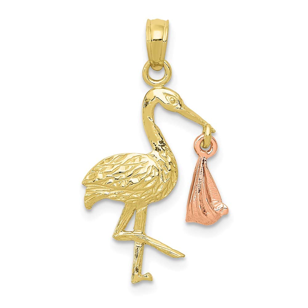 10K Yellow and Rose Gold Two-Tone Stork with Pink Baby Dangle Pendant (1.06