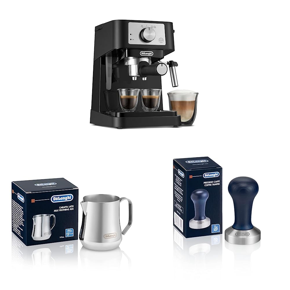 De'Longhi Stilosa Manual Espresso Machine for Home Baristas - 3-in-1 Cappuccino & Latte Maker with 12oz (350ml) Stainless Steel Milk Frother and DLSC058 Coffee Tamper - Perfect for Coffee Shops, Offices and Kitchen Countertops