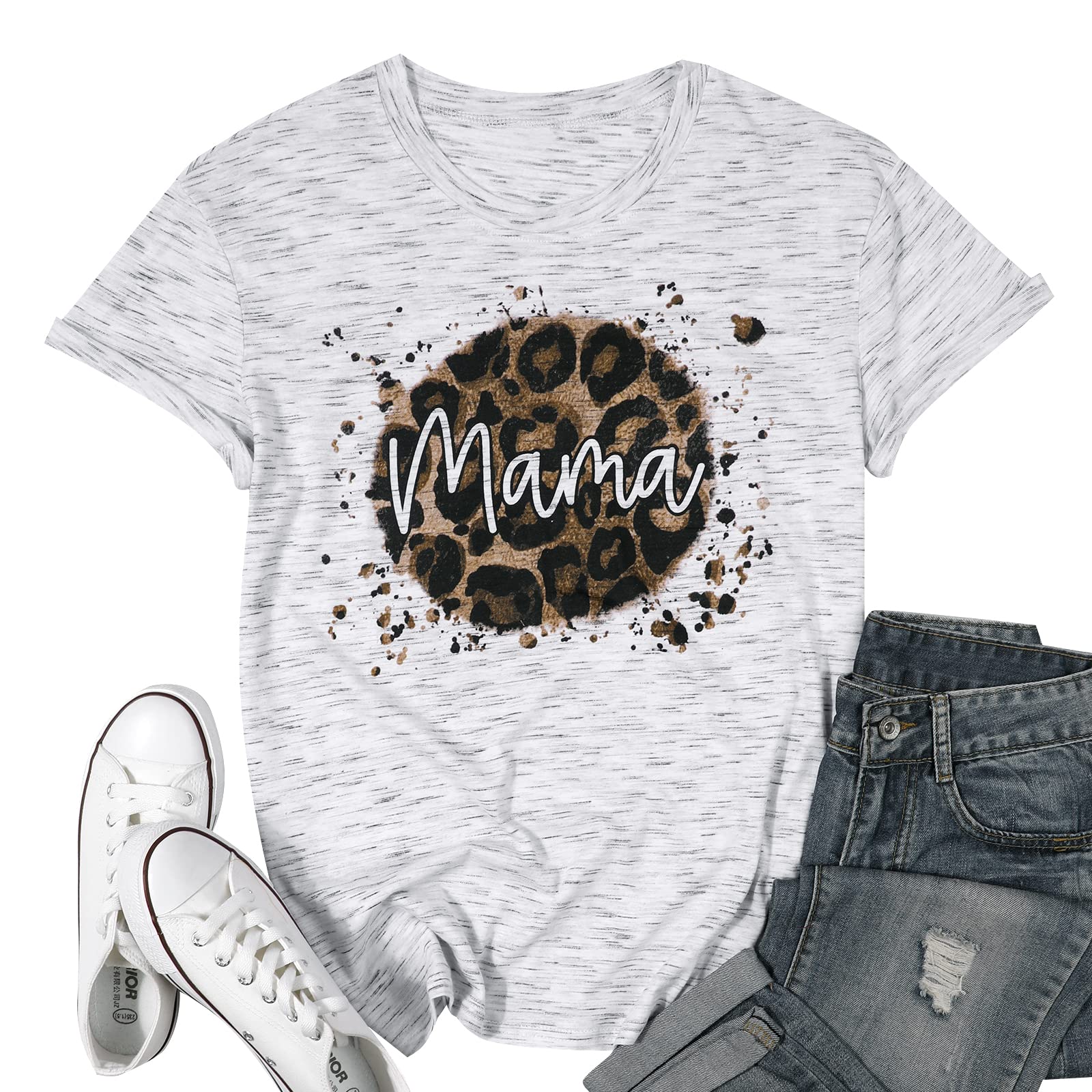 Women's Mama Leopard T-Shirt - Casual Short Sleeve Mom Life Top for Everyday Wear | Perfect for Mother's Day, Family Outings & Relaxing at Home