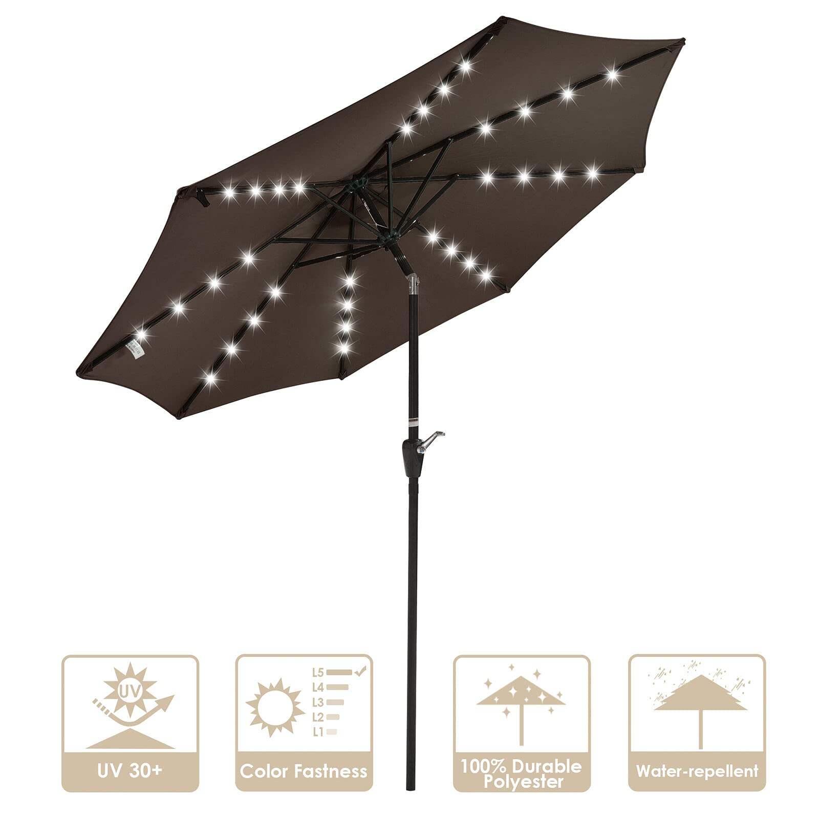LeeMas Inc 9 ft Solar LED Patio Umbrella with 8 Ribs - Dark Brown Canopy for Outdoor Shade - Perfect for Garden, Yard, Cafe, Coffee Shop & Restaurant Use