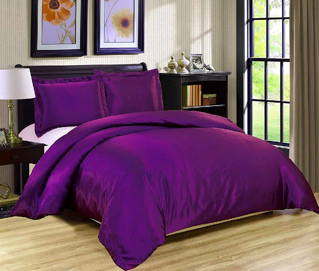 Premium Full Size Satin Duvet Cover Set with Zipper - 4 Piece Bedding Set (Duvet Cover + Fitted Sheet + 2 Pillowcases) - Soft Eggplant Purple for Hair & Skin Care - Perfect for Master Bedroom, Guest Room & Dorm Decor