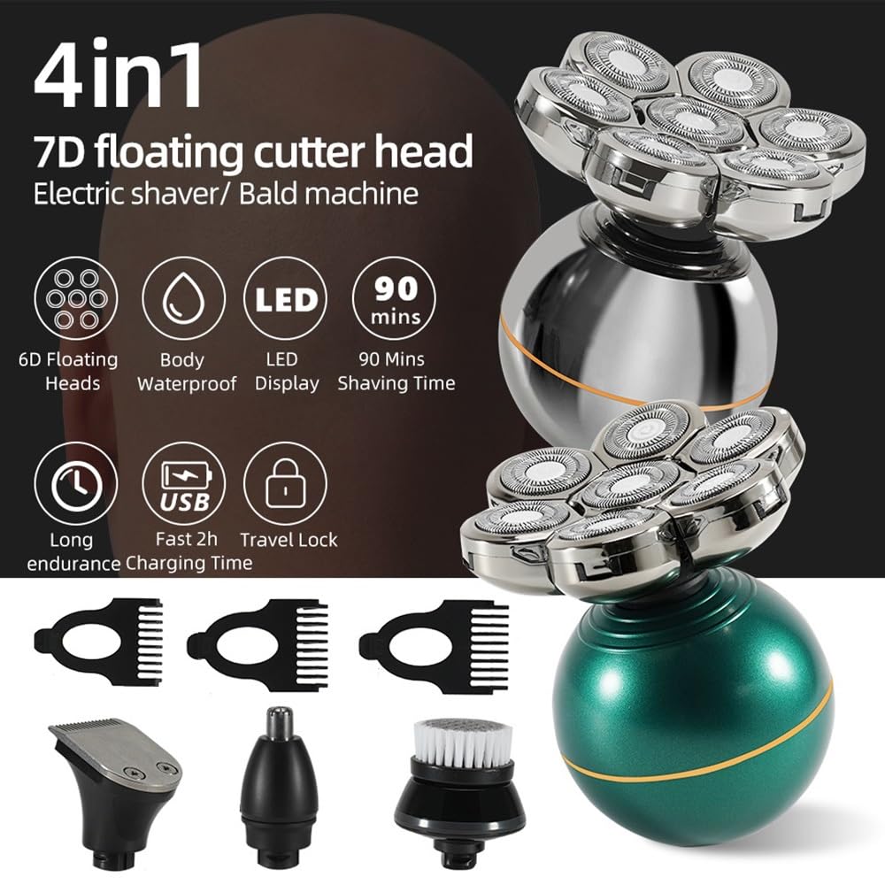 4-in-1 Electric Head Shaver for Men - Rechargeable Bald Shaving Machine with 7 Blades, Body & Beard Trimmer, Silver Grooming Kit | Perfect for Head Shaving, Facial Hair & Body Grooming at Home or Travel